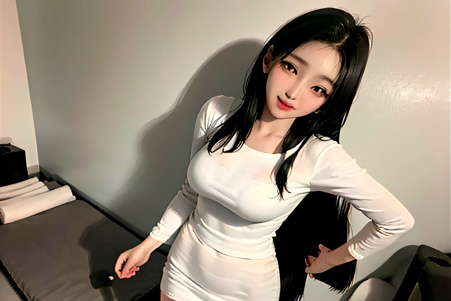 8k, best quality, realistic, photorealistic, chinise esthetic play room,japanese,standing,black hair,1girl,solo,full body,looking at viewer,large breasts,mattress,Barefoot,standing,contrapposto ,BREAK , white short dress  , plump, seductive smile