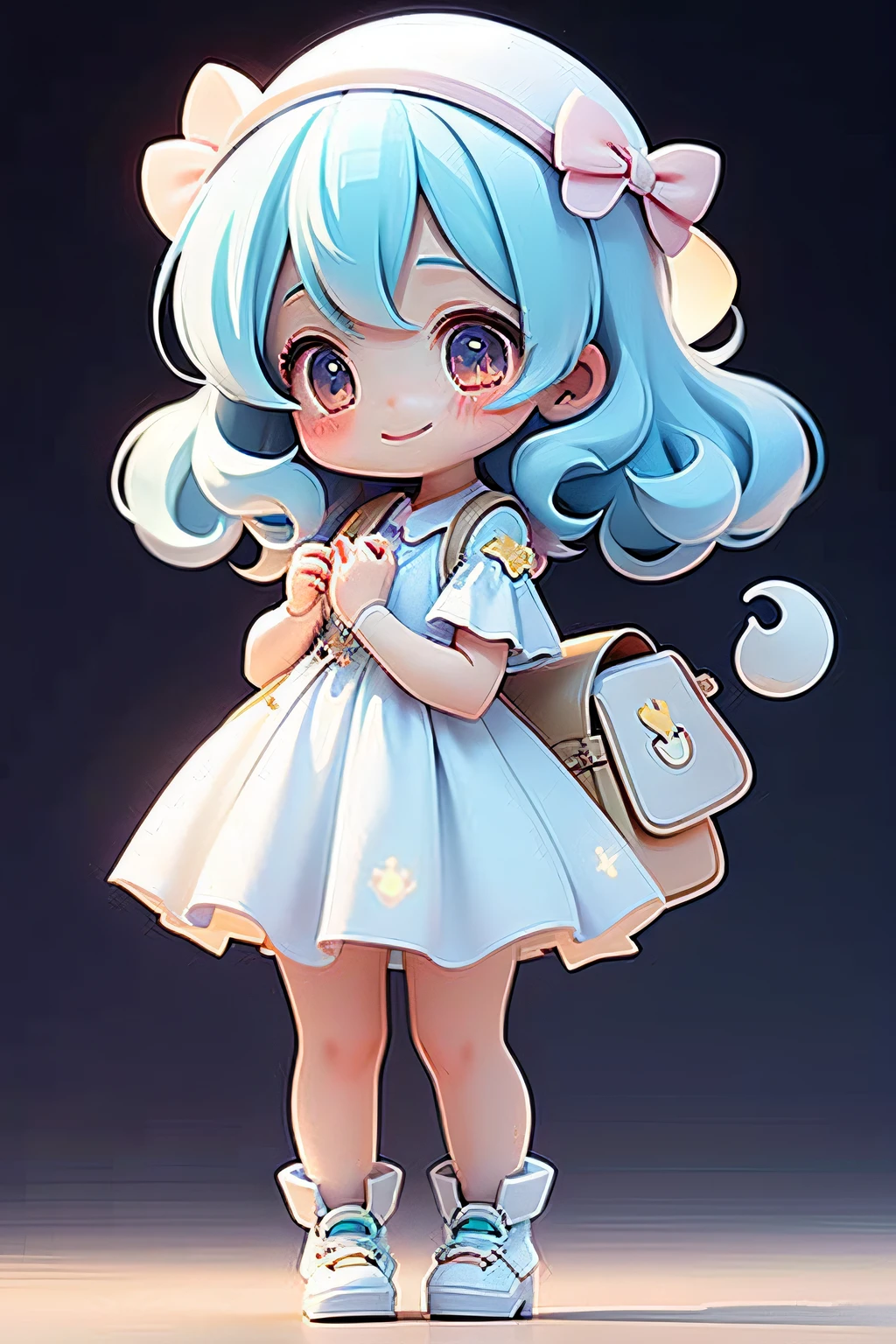  Girl, Delicate and clear eyes, Delicate and clear smile, milkyW, Perosante, Carrying a school bag，papelaria，holograph, Full body like，deep dark background
