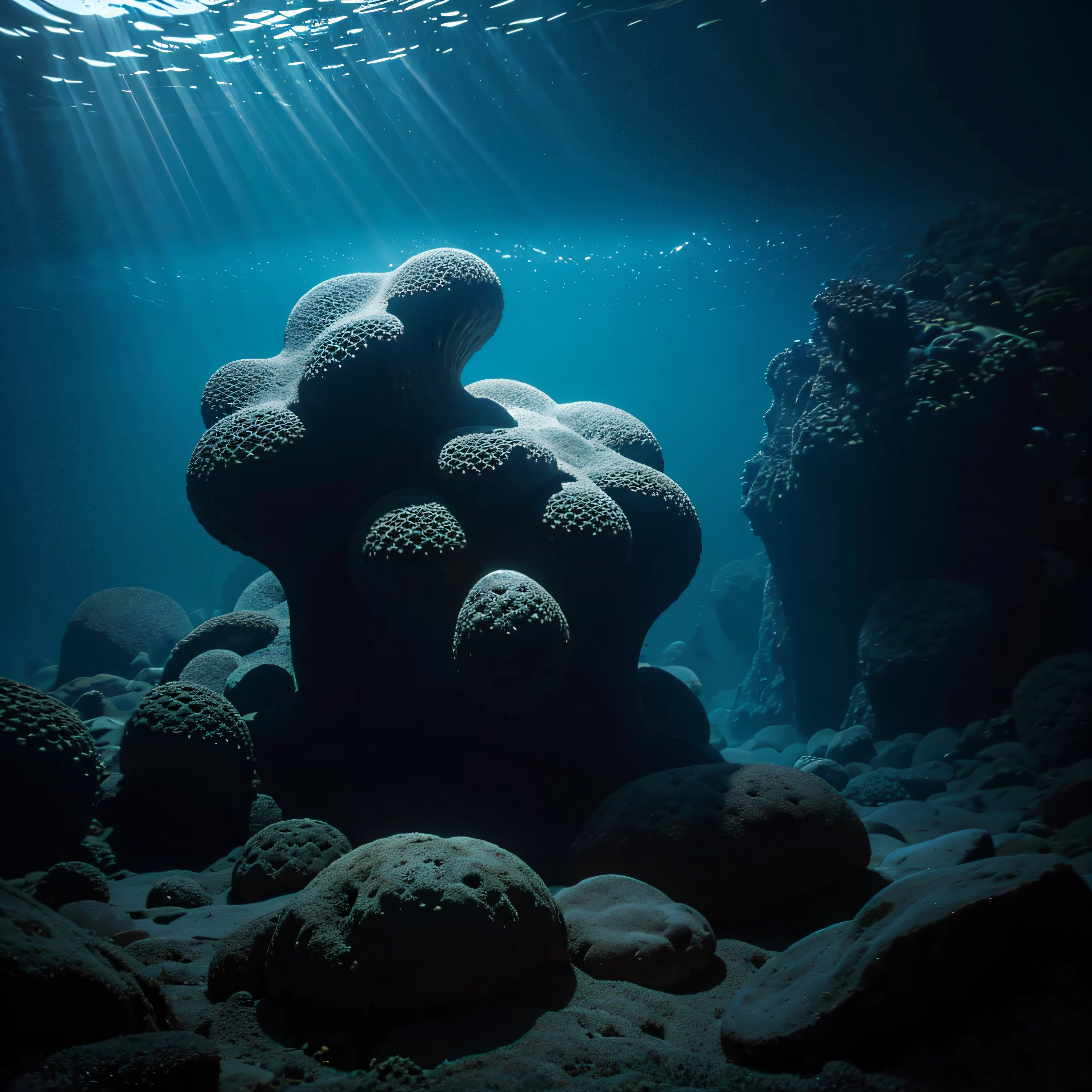 (extremadamente detallado, obra maestra, La mejor calidad, Under the Ocean), Estilo oscuro, volumetric illumination. textura de babosa, piel de caracol. manchas de tinta. Rococo composition.