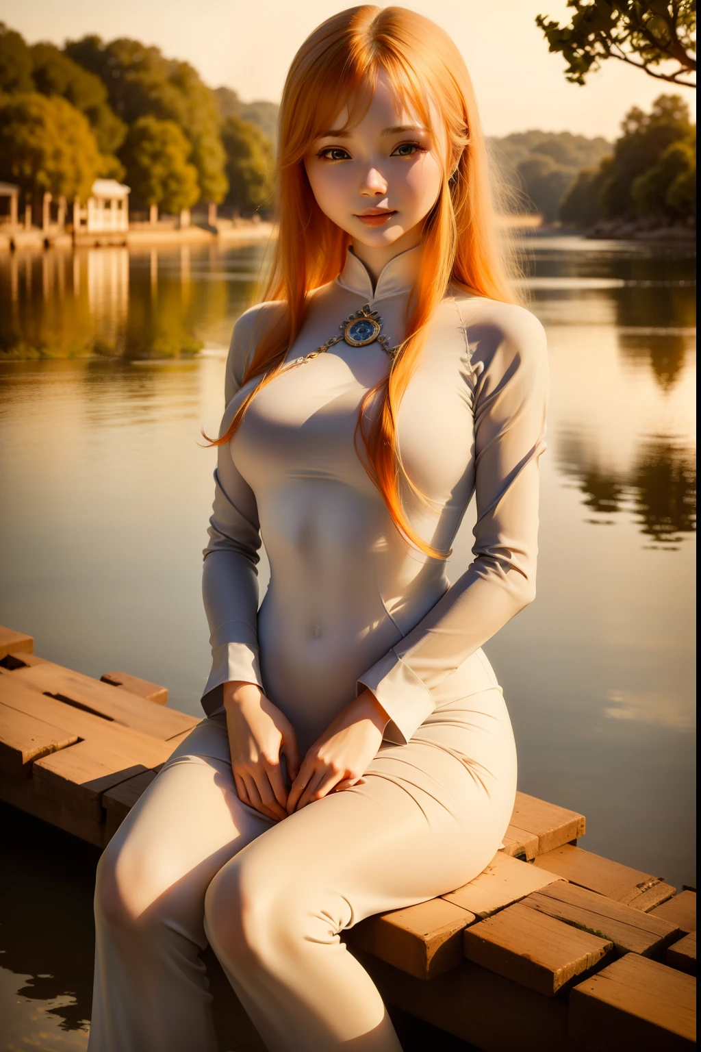 (((Ultra-Realism)))、((top-quality、8K、​masterpiece:1.3))、foco nítido:1.2、20 year old Nordic woman with perfect good looks、Smiling with beautiful silver hair、(((Ao Dai)))、Highly detailed facial and skin texture,plein air,Stone bridge,Thick river,Natural light、evening、Orange sky,