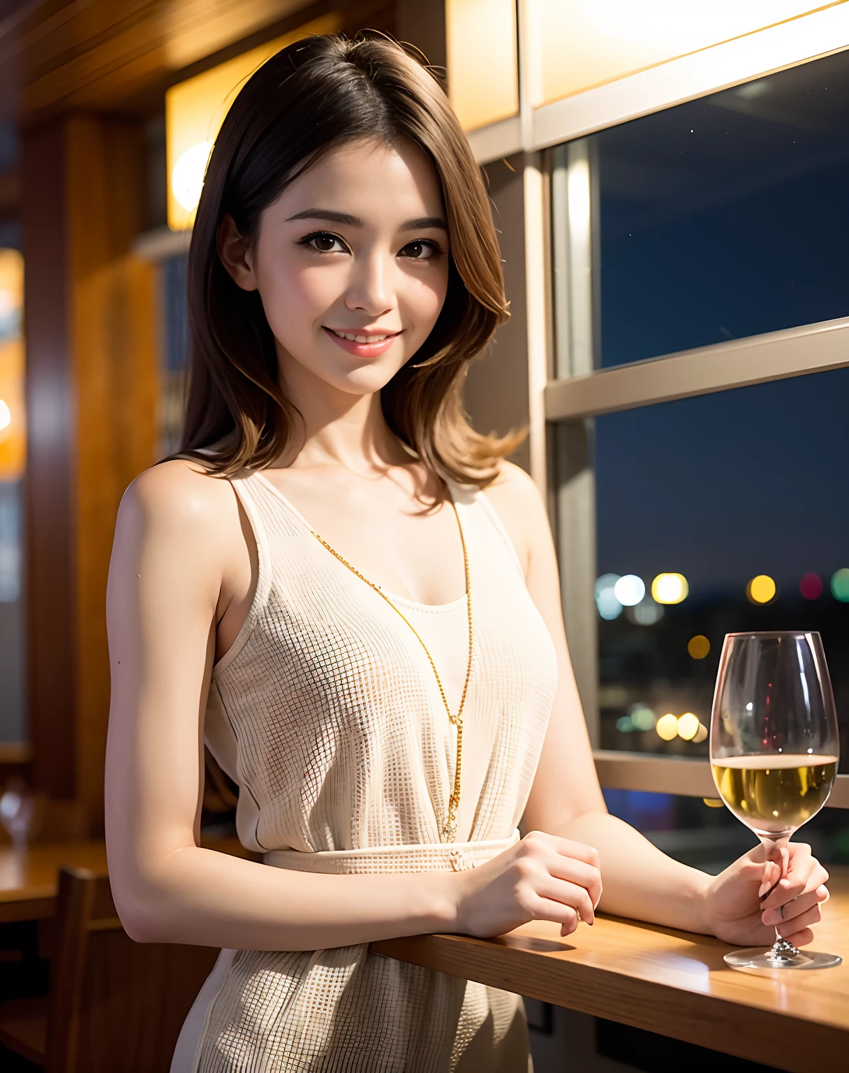 (64K, UHD, top quality, masterpiece: 1.2), (realistic, photorealistic: 1.37), super detailed, pretty woman 1 person, (slim face), (slim body), (brown hair), (short cut), cheeks slightly blushing, (44 years old), 38 years old, solo, beautiful detailed urban night view outside the window, restaurant, wine glasses sit, at night, in a prominent placeNovaFrogStyle, Actress, Model, Waist Up, White Wine, Slim, Wine Glass, Super Clean Night View, Wine Glass Put in the Middle, Happy Smile, (Smile: 1.15), Beautiful Fine Eyes, Upper Body, Bust Japan Up, Night, Short, Short, Actress, Model, Waist Up, White Wine, Slim, Wine Glass, Super Clean Night View, Wine Glass Put in the Middle, Happy Smile,