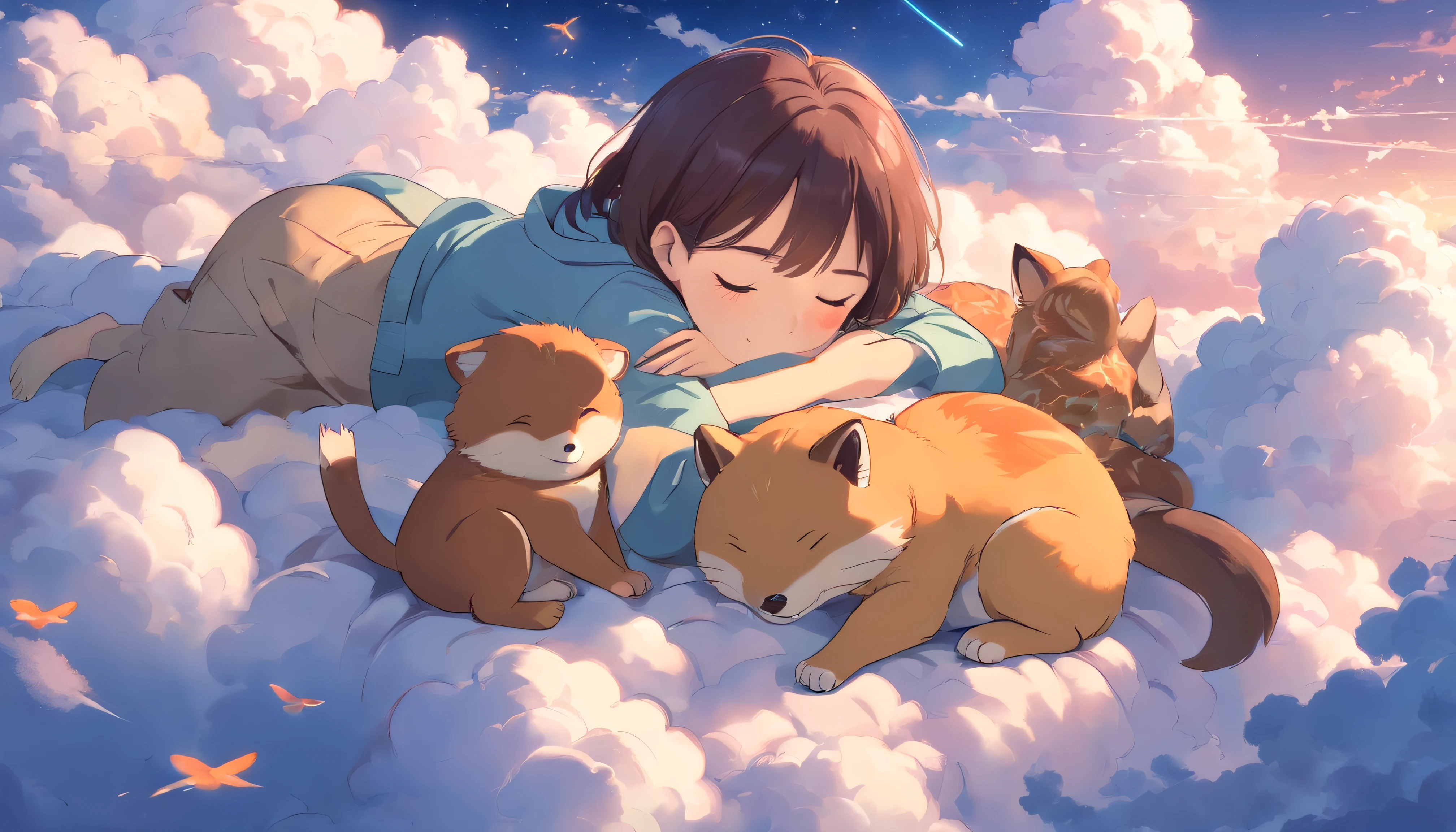 Cute animals sleeping, On the clouds，Tight details，beautiful surroundings，dream magical
