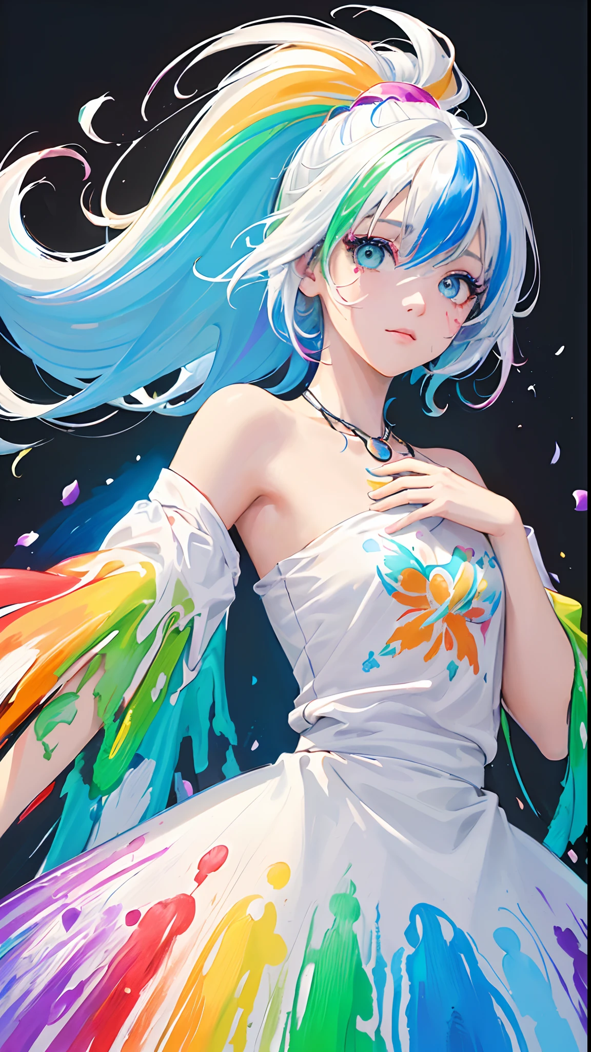 (Pink Fashion T-shirt:1.9),(Colorful hair: 1.8), (all the colours of the rainbow: 1.8),(((((vertical painting:1.6))), (painting:1.6),front, comics, illustrations, paintings, large eyes, crystal clear eyes,( rainbow color gradient high ponytail:1.7), exquisite makeup, closed mouth,(Small Fresh: 1.5),(Wipe Chest: 1.6) ,long eyelashes, white off shoulder T-shirt, White Shoulder Shirt,looking at the audience, large watery eyes, (rainbow colored hair:1.6), color splash, (solo:1.8), color splash, color explosion, thick paint style, messy lines, ((shining)),(colorful), (colorful), (colorful), colorful, Thick Paint Style, (Splash) (Color Splash), Vertical Painting, Upper Body, Paint Splash, Acrylic Pigment, Gradient, Paint, Highest Image Quality, Highest Quality, Masterpiece, Solo, Depth of Field, Face Paint, colorful clothes, (Elegant: 1.2), gorgeous,long hair, wind, (Elegant: 1.3), (Petals: 1.4),(((masterpiece))),(((best quality))),((ultra-detailed)),(illustration),(dynamic angle),((floating)),(paint),((disheveled hair)),(solo),(1girl) , (((detailed anima face))),((beautiful detailed face)),collar,bare shoulders,white hair, ((colorful hair)),((streaked hair)),beautiful detailed eyes,(Gradient color eyes),(((colorful eyes))),(((colorful background))),(((high saturation))),(((surrounded by colorful splashes))),