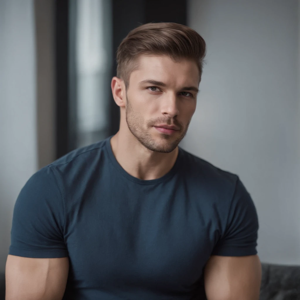 Mann mit langen braunen Haare und sehr viel Bart , maskulin und robust, sexy masculine, Shirt, Sitzend auf Stuhl, Portrait, masculine and beautiful, Strong masculine traits, Er ist ein Rockstar, The extremely hot and sexy, Attraktives Mann, Hose, hintergrund skandinavischer Einrichtungsstil mit blauer wand