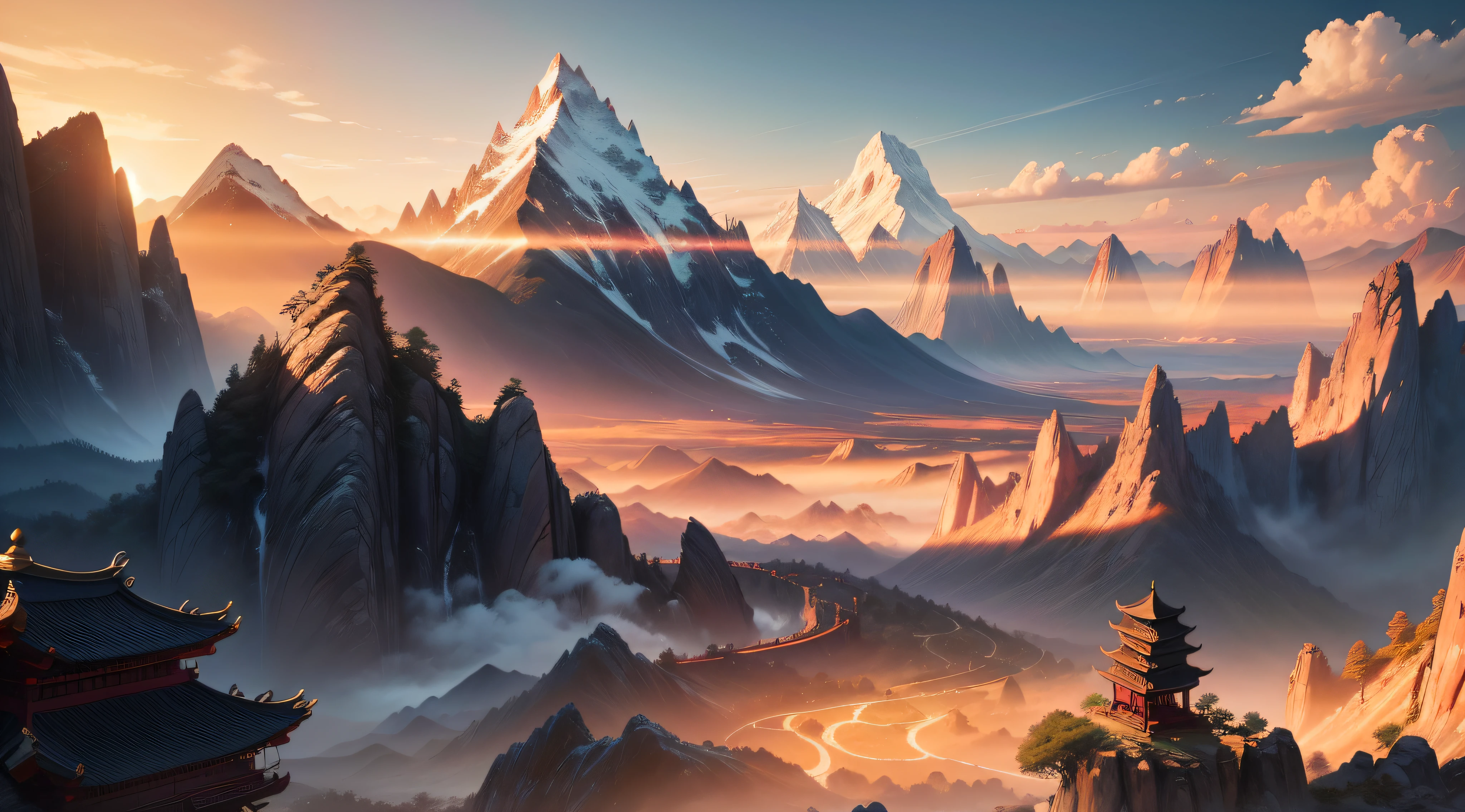 Ancient Chinese landscapes，setting sun，mountain ranges，rios，Auspicious clouds，rays of sunshine，tmasterpiece，super detailing，Epic composition，hyper HD，high qulity，extremely detaile，offcial art，Unity8k wallpapers，super detailing