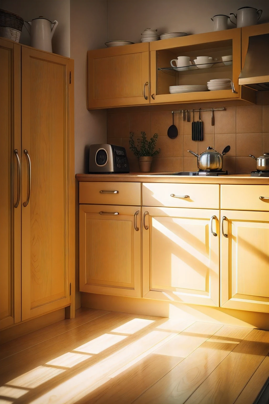 Kitchen corner,cupboard,Warm yellow,the ground,Close-up corner bits