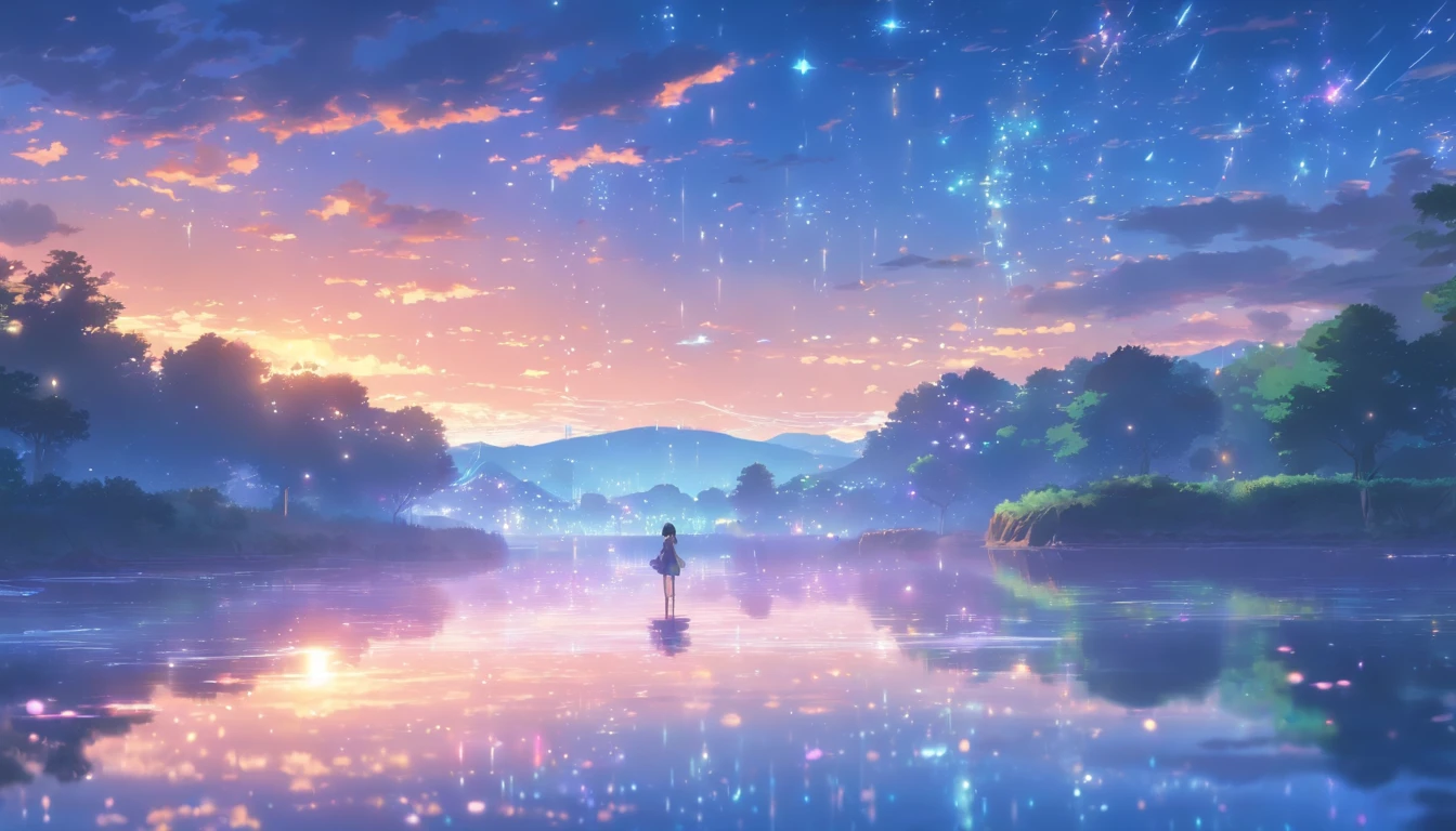 High quality masterpiece ,scenecy,Anime teenager crossing a patch of water on campus, Glittering starry sky。Romantic campus,Pisif,concept-art,Lofi art style,Reflectors。 By Makoto Shinkai, Lofi art, beautiful anime scenes, Anime landscapes, Detailed scenery —width 672, in the style of makoto shinkai, Makoto Shinkai's style,Detail enhancement