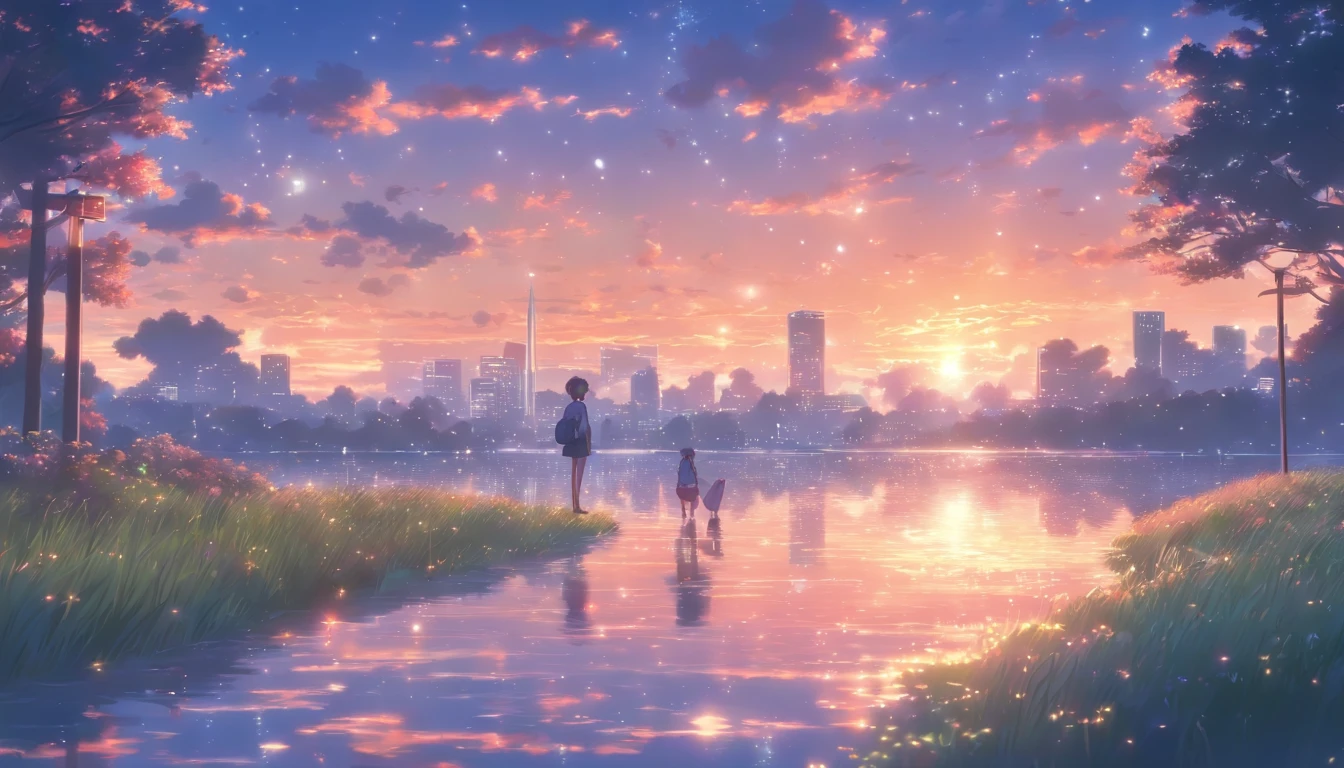 High quality masterpiece ，scenecy，Anime teenager crossing a patch of water on campus， Glittering starry sky。Romantic campus，Pisif，concept-art，Lofi art style，Reflectors。 By Makoto Shinkai, Lofi art, beautiful anime scenes, Anime landscapes, Detailed scenery —width 672, in the style of makoto shinkai, Makoto Shinkai's style，Detail enhancement