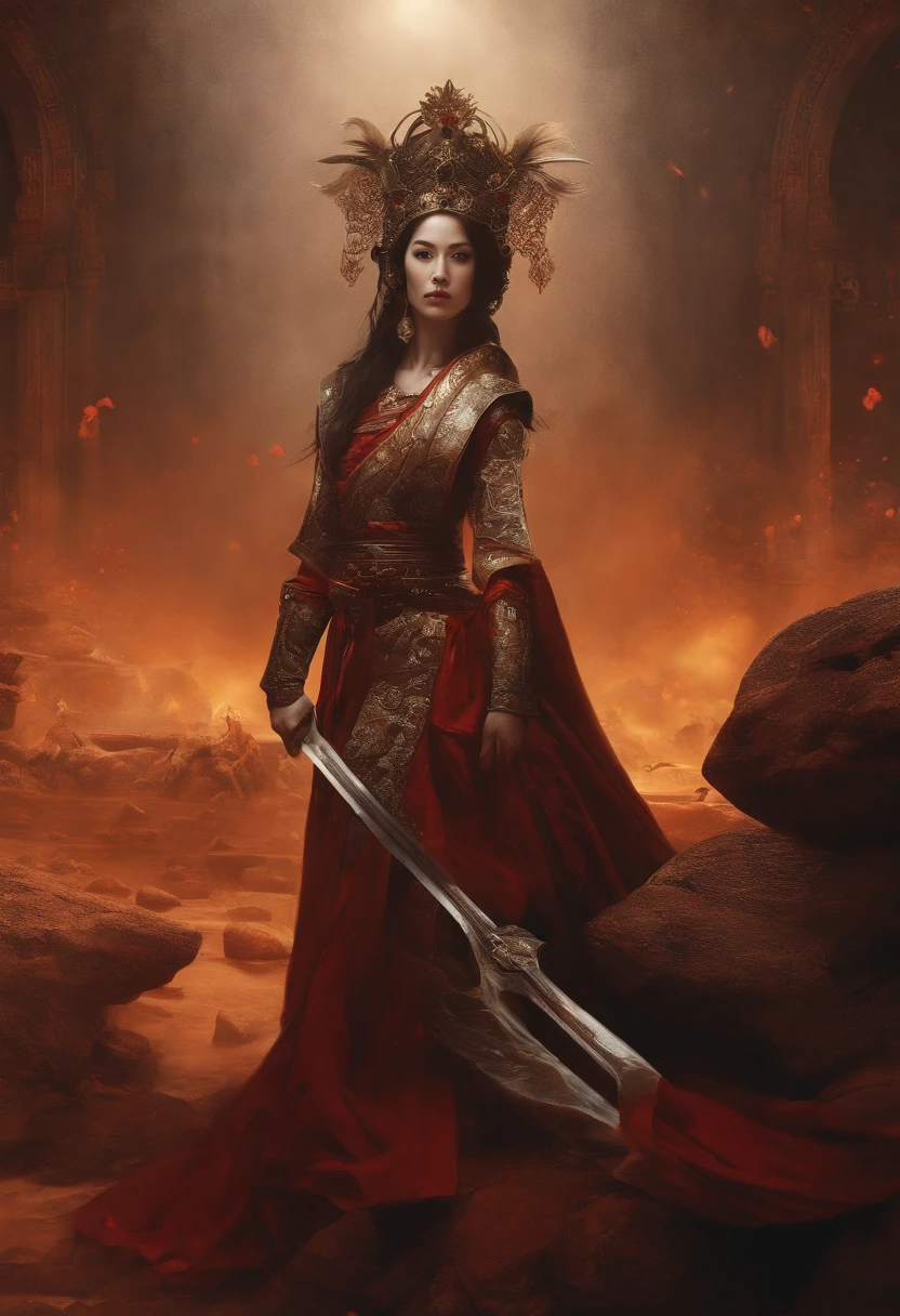 A naked Chinese woman in a sword fight