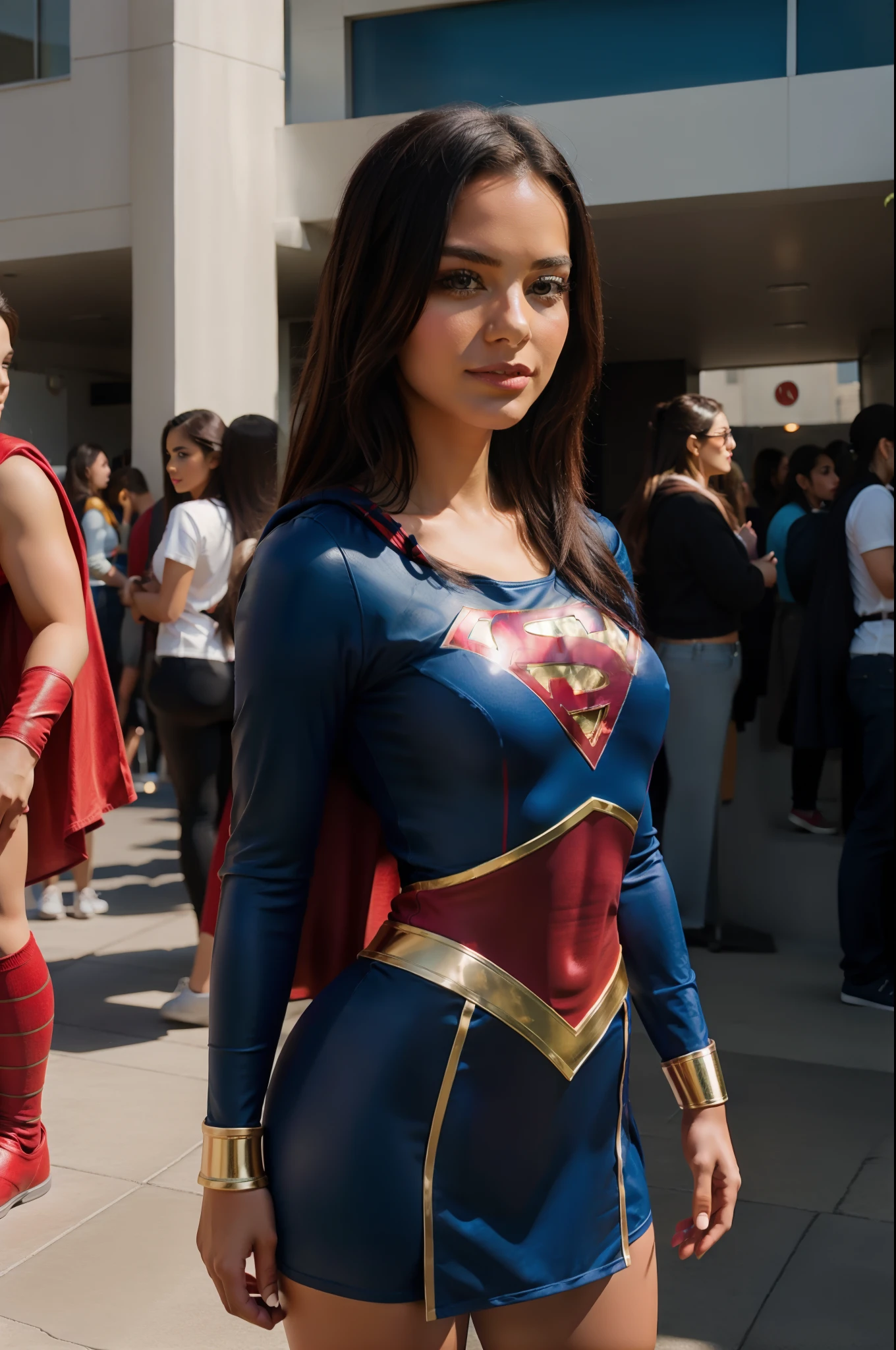 Shoot a portrait of Jenna Ortega standing wth super girl costume. a crowd in the background, she is happy and posing like super woman. No head ornament. High contrast lighting with windown sunlight coming in. Export in RAW with a awesome lighting LUT