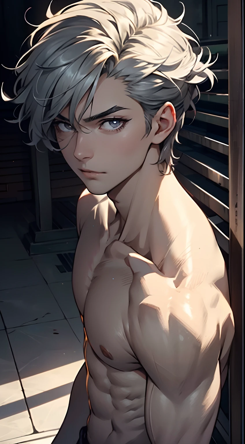 4K, high resolution, Best quality, Masterpiece, perfect colors, perfectly shaded, Perfect lighting, posted on e621, (by Chunie), anthro, ((Portrait)), ((Handsome man)), perfect male figure, short detailed hair,Wear men's shorts,Abs,musculature,chest muscle,Abs,Naked upper body,Detailed face, Perfect face, (The stands up), Detailed background, ((Bonifasko lighting)), (Detailed eyes), perfect pupils,((Silver-gray skin))