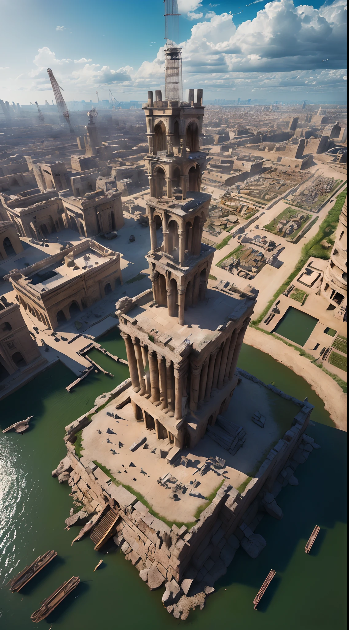 (bird's-eye view:2,best quality,4k,8k,highres,masterpiece:1.2),ultra-detailed,(realistic,photorealistic,photo-realistic:1.37),ancient,Babylonian tower,under construction,clouds wrapping around the middle section of the tower,revealing bustling ancient workers below --auto