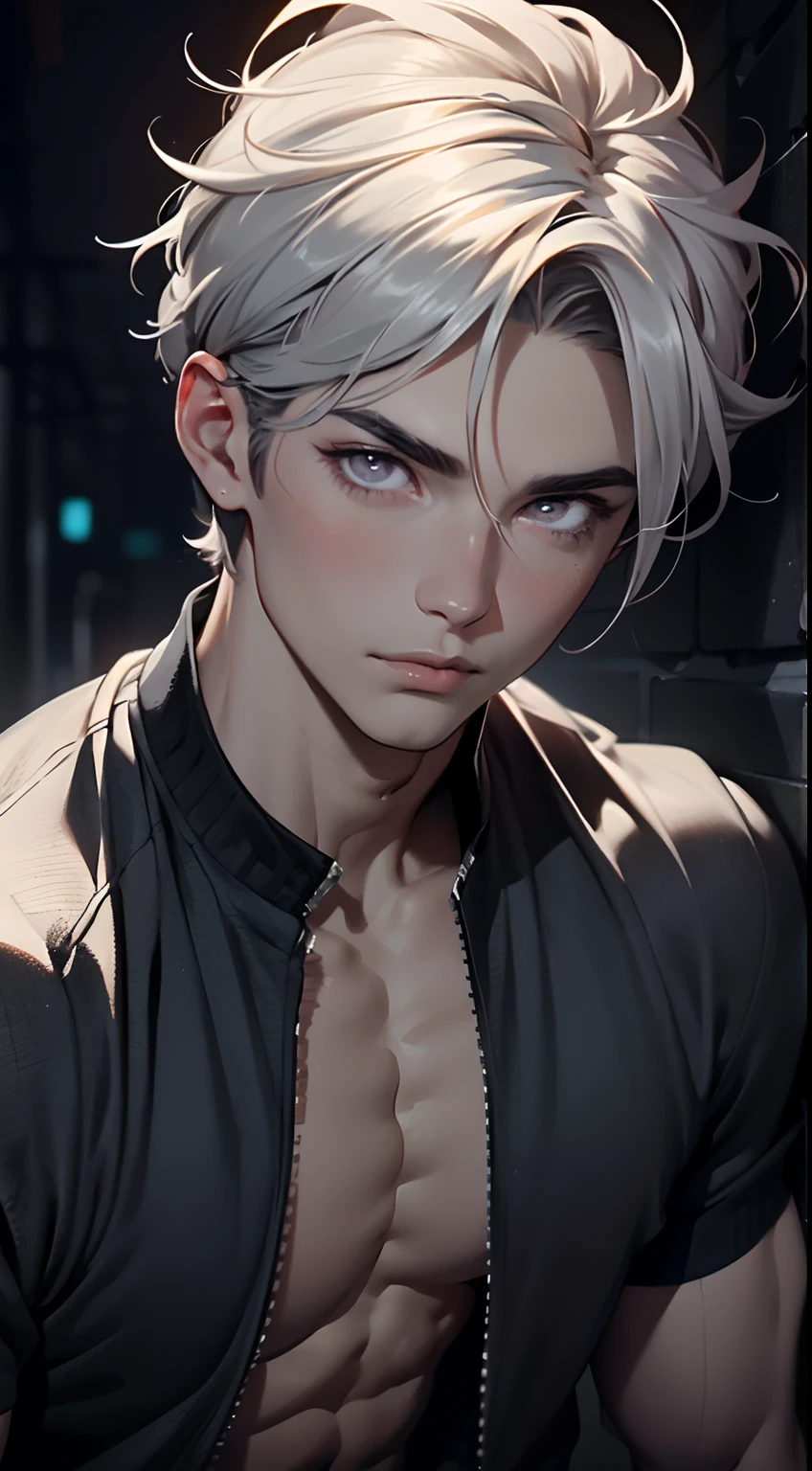 highest quality, 8K, high resolution image, anime style Jujutsu Kaisen, detailed strokes, slightly tanned skin, blurry, smile, purple light reflecting from it, (close angle), 1 man, young, male, model, cool guy, muscular, blue Eyes, light blue hair very short hair, brown hair, short hair, hairstyle: undercut, hair slicked back, swollen chest, he is wearing a jacket Naked torso, and sweatpants, holding a katana in his hand, swordsman pose, gold link chain, background: city, Tokyo, business district, he is a swordsman