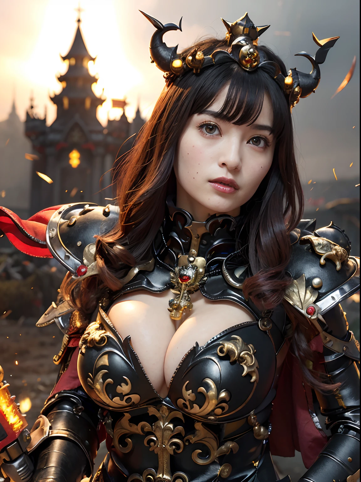 (masutepiece), Professional , ​masterpiece、top-quality、photos realistic , depth of fields （Gemstone Black Metal Body:1.4),(Matte Black、（cleavage of the breast）、Dragon Gold Weapon,Mystical expression、Particles of light、（Dragon Metal Body:1.４),Gorgeous Silver Weapons ,（（ Dragon's dense and gorgeous sword）） , Beautiful knife   ,warhammer 40k , adepta sororitas,Detail and gorgeous crown、（（Red hair））、（Castle background）、、（（Gangle's forest background））、Beautiful Caucasian beauty、１a person、dynamic ungle,(((Detailed and ornate Black Devil Crown)))、Smaller head、A smile、Castle background、Thin and beautiful female hands、cleavage of the breast、Soldier in iron armor on background、Mystical expression、Light Effects、intense fighting、Wind-effect、magic circles、With the legendary magic wand、（demonic wings）、