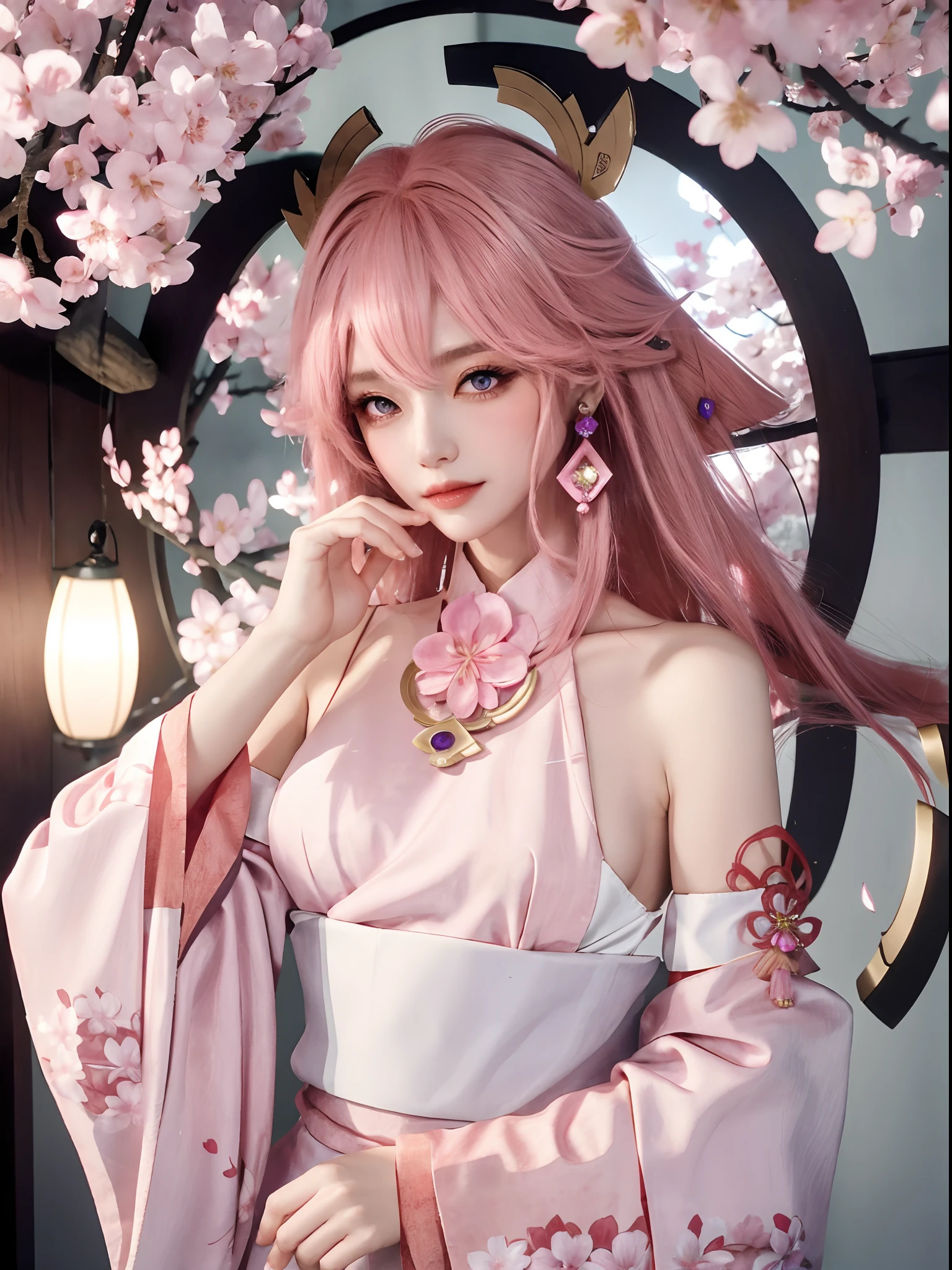 ((masterpiece, best quality)), (1girl),((mature female)), animal ears, bare shoulders, blush, breasts, cherry blossoms, closed mouth, detached sleeves, earrings, fingernails, flower, fox ears, gem, hair between eyes, hair ornament, hand up, japanese clothes, jewelry, kimono, long hair, looking at viewer, medium breasts, miko, nontraditional miko, pink eyes, pink flower, pink hair, purple gemstone, short kimono, sidelocks,standing, yea miko \(genshin impact\),((Can't see the hand))((Head shot))