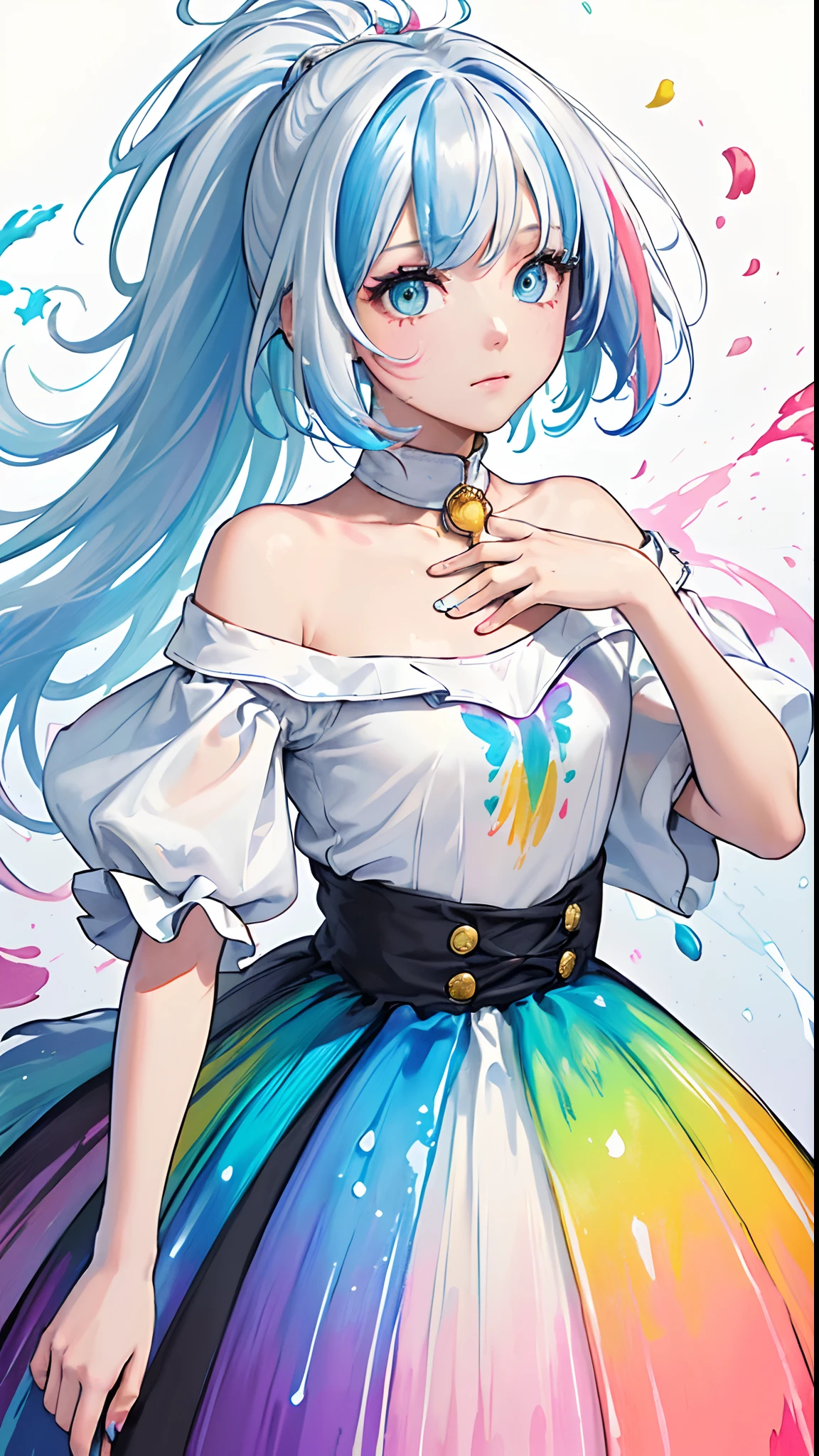 (colored hair: 1.8), (all the colors of the rainbow: 1.8),(((((vertical painting:1.6))), (Painting:1.6),front, Comics, illustrations, Painting, big eyes , crystal clear eyes,(Rainbow Color Gradient High Ponytail:1.7), exquisite makeup, closed mouth,(Small fresh: 1.5),(Clear chest: 1.6) ,long eyelashes, off-the-shoulder white t-shirt, off-the-shoulder white shirt, look at the audience, big watery eyes, (Rainbow colored hair:1.6), splashes of color, (alone:1.8), splashes of color, Color Explosion, thick painting style, messy lines, ((splendid)) ,(colorful), (colorful), (colorful), colorful, thick painting style, (splatter) (color splashes), vertical painting, upper body, paint splashes, acrylic pigment, gradient, paint, more high image quality, Very high quality, masutepiece, alone, depth of field, face painting, colorful clothes, (elegant: 1.2), very beautiful, long hair, wind, (elegant: 1.3), (flower petals: 1.4),( ((masutepiece))),(((best quality))),((ultra-detailed)),(illustration),(dynamic angle),((floating)),(paint),((disheveled hair)) ,(alone),(1girl in) , (((Detailed animated face))),((beautiful detailed face)),necklace,bare shoulders,white hair,((colored hair)),((striated hair)), beautiful detailed eyes,(gradient color eyes),(((colorful eyes))),(((colorful background))),(((high color saturation))),(((surrounded by colorful splashes))) , (medium chest), ((thick legs)), ((thick thighs))