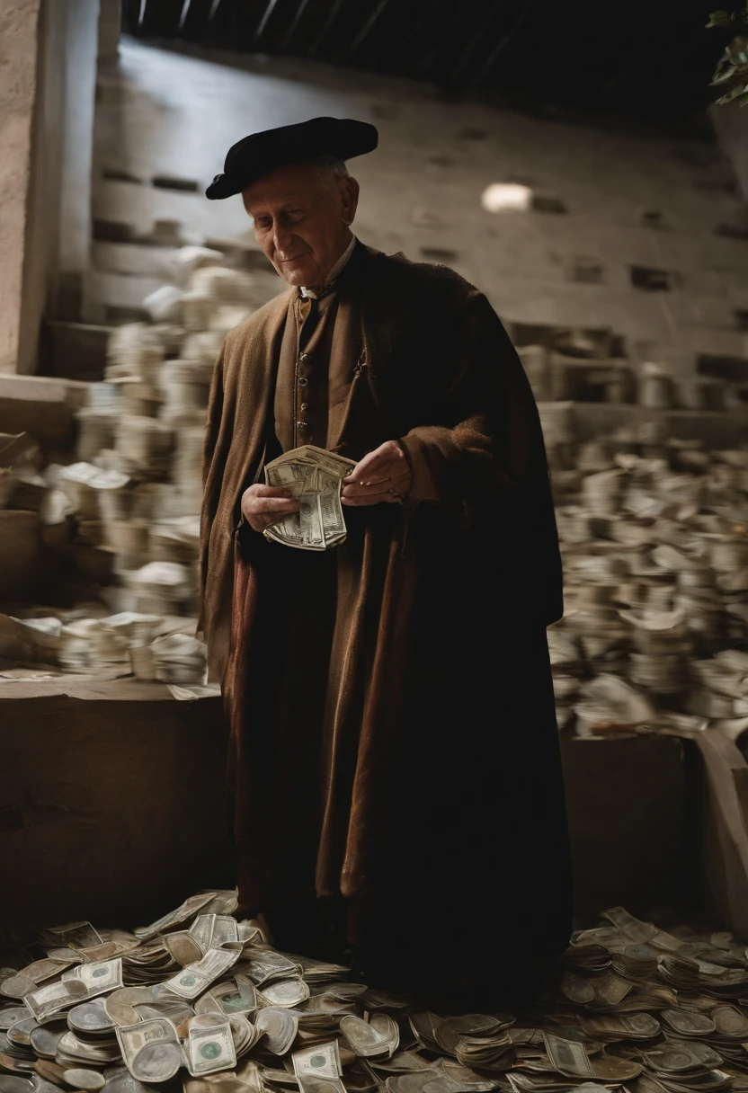 A beggar suddenly becomes rich,The eyeballs protrude beyond the orbits,Holding a large dollar bill in his hand,The floor was sprinkled with scattered banknotes,Banknotes also drifting in the air。The air is filled with the smell of materialism。