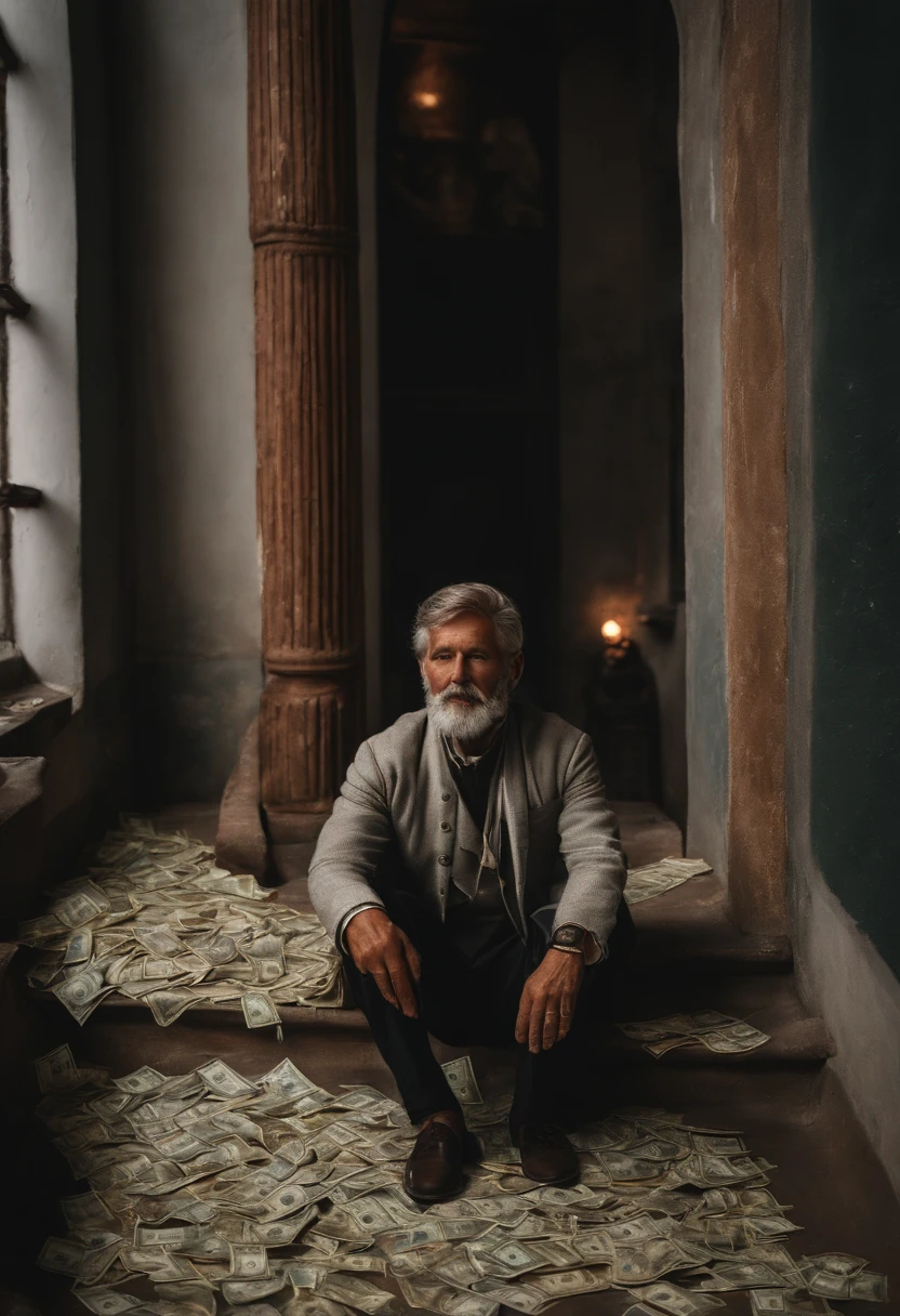 A beggar suddenly becomes rich,The eyeballs protrude beyond the orbits,Holding a large dollar bill in his hand,The floor was sprinkled with scattered banknotes,Banknotes also drifting in the air。The air is filled with the smell of materialism。