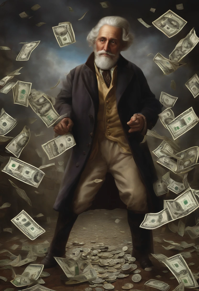 A beggar suddenly becomes rich,The eyeballs protrude beyond the orbits,Holding a large dollar bill in his hand,The floor was sprinkled with scattered banknotes,Banknotes also drifting in the air。The air is filled with the smell of materialism。