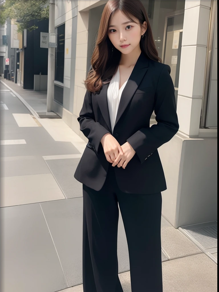 ((Full body posture)),Whole body facing the front,above waist,Reflecting the whole body,Standing,Refreshing way of standing,25 year old photo full body, zoomout, Serious, Beautiful, Cool, Realistic hair, Unobtrusive pose, Medium structure, Medium round buttocks, Medium long coat, Beautiful clothes, Cute black suit, Modern Office, Cover bar, masutepiece, 超A high resolution, (Photorealistic: 1.4), Raw photo, A hyper-realistic, Detailed background, refined, Detailed, Realistic face, Detailed face, Realistic skin, (Raw photo, Best Quality), Extremely detailed, nffsw, amazing, Fine details, lightsmile, ,Ultra-detailed, hight resolution, absurderes, Soft light, Half body, Photos without backgrounds,Upper body portrait of woman in dark colored suit,Her hair is medium length、Curls are hanging。arafed asian woman with long brown hair and a white shirt。Her face is full of confidence、Bright light from morning to noon shines on her,Photorealistic and high-resolution 16K,Soft and natural morning-to-day light。,with deep shades of a dark suit、Light background contrast。Young adorable Korean face, girl cute-fine-face, Korean Girl, Larisa Manobal, Popular Korean Makeup, popular south korean makeup, cute - fine - face, cute-fine-face,, Portrait of female Korean idol, korean face features,Realistic beautiful face, Photorealistic and high-resolution 16K。illuminating: The soft light of the morning illuminates her face。composition: Canon EOS 5D Mark IV DSLR Camera、EF 85mm f/1.4L IS USM Lens、Resolution 30.4 megapixels、ISO sensit: 80、Shutter Speed 1/100 sec、f/2.8。 --ar 16:9 --v 5.1 --style raw --q 2 --s 750
