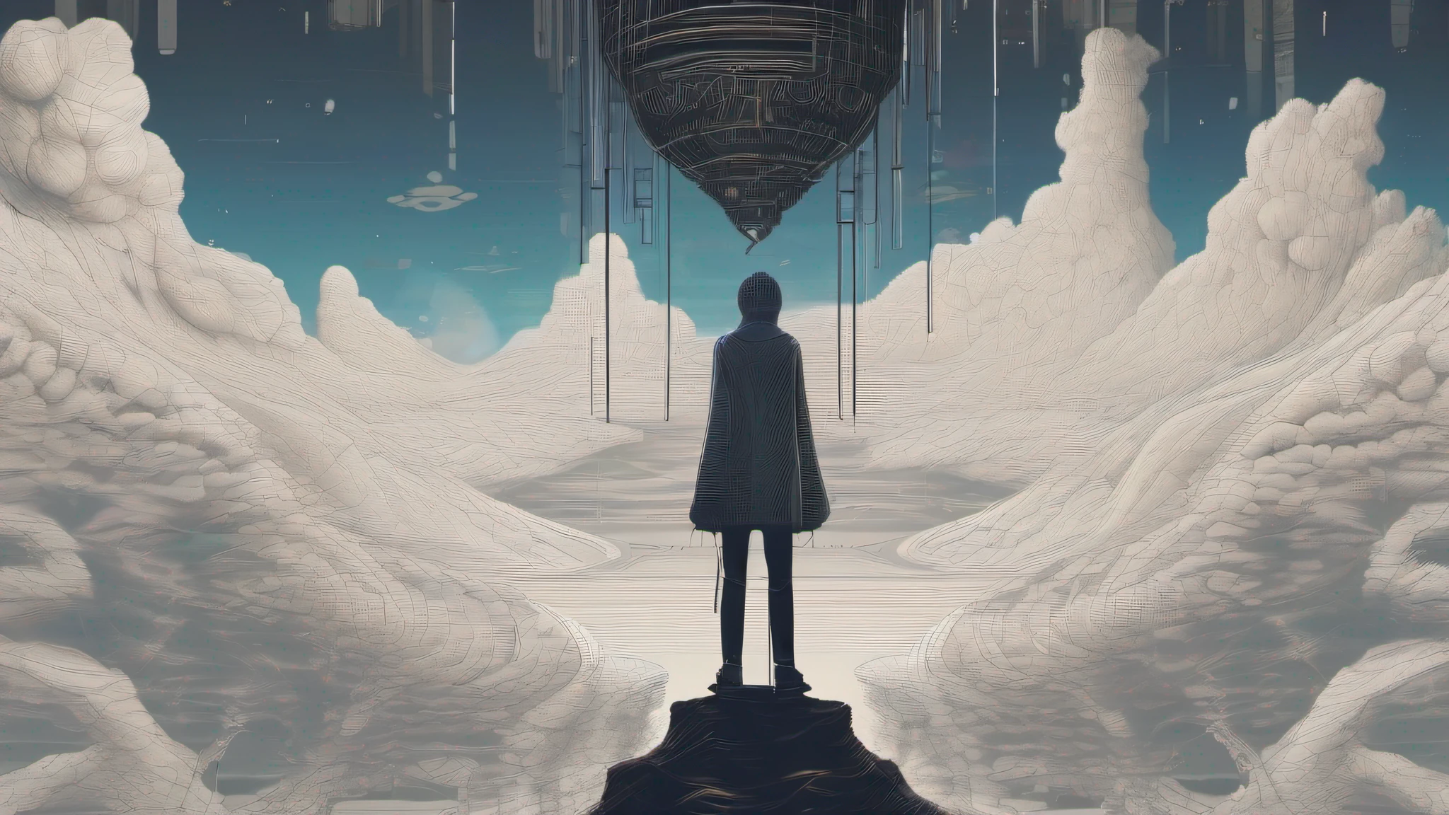step into a world where clouds are not just masses of water droplets suspended in the sky, but rather enigmatic entities with hidden depths and complex personalities. Glitches and artifacts abound, creating a disorienting yet mesmerizing effect that draws you further in. Strange symbols and codes seem to pulse with an otherworldly energy, hinting at secrets waiting to be discovered. The air is thick with anticipation, as if something big is about to happen. You find yourself questioning what is real and what is merely an illusion, as the boundaries between physical and digital become increasingly blurred. This is a place where anything could happen, where the unexpected is the norm and the impossible becomes possible. Embrace the chaos and let go of your preconceptions, for in this realm, nothing is as it seems and everything is open to interpretation.