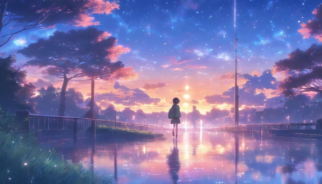 High quality masterpiece ,scenecy,An anime teenager crossing the water of the campus, Glittering starry sky。Romantic campus,Pisif,concept-art,Laffy art style,Reflectors。 By Makoto Shinkai, Lofi art, beautiful anime scenes, Anime landscapes, Detailed scenery —width 672, in the style of makoto shinkai, Makoto Shinkai's style,Detail enhancement