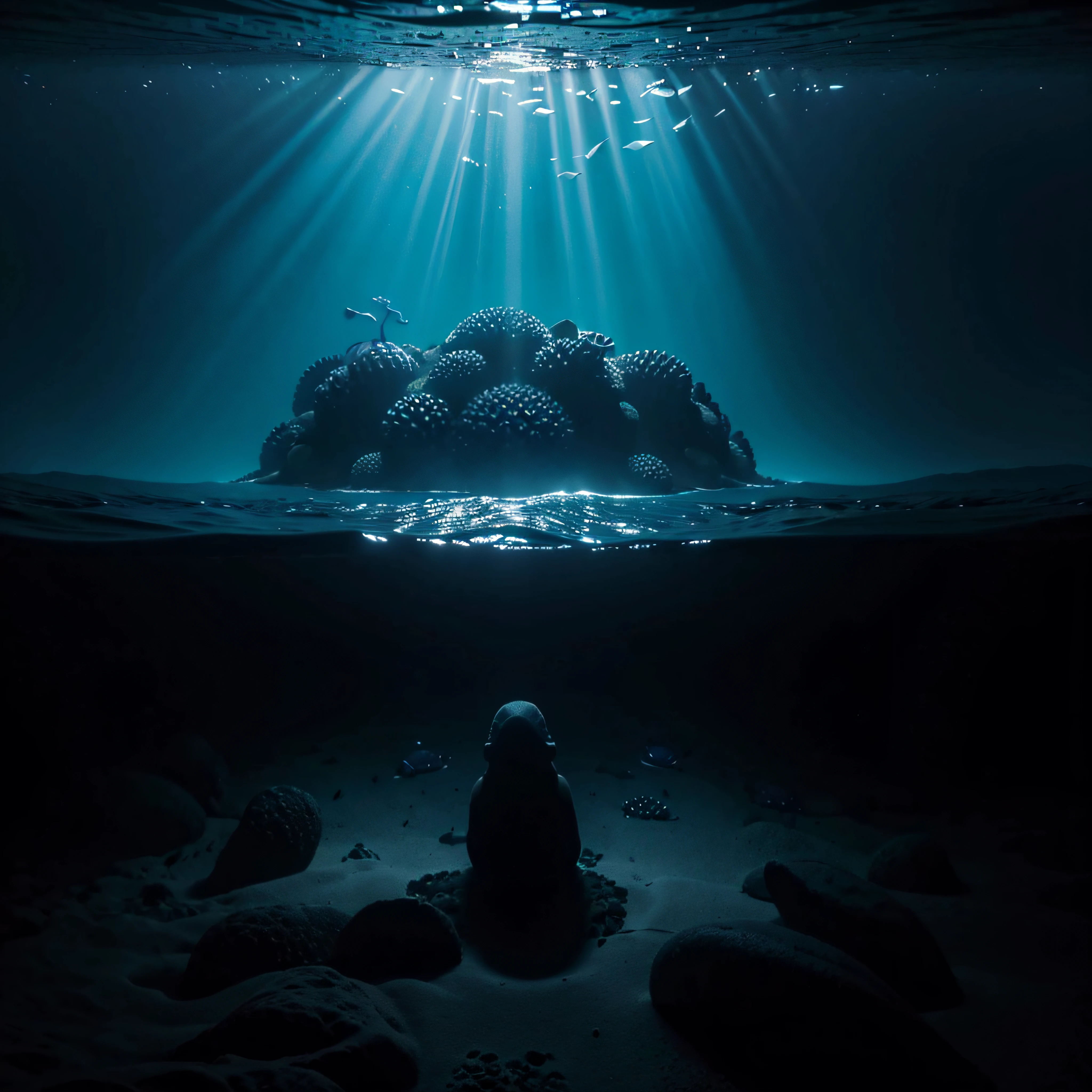 (extremadamente detallado, obra maestra, La mejor calidad, Under the Ocean), Estilo oscuro, volumetric illumination. textura de babosa, piel de caracol. manchas de tinta. Rococo composition.