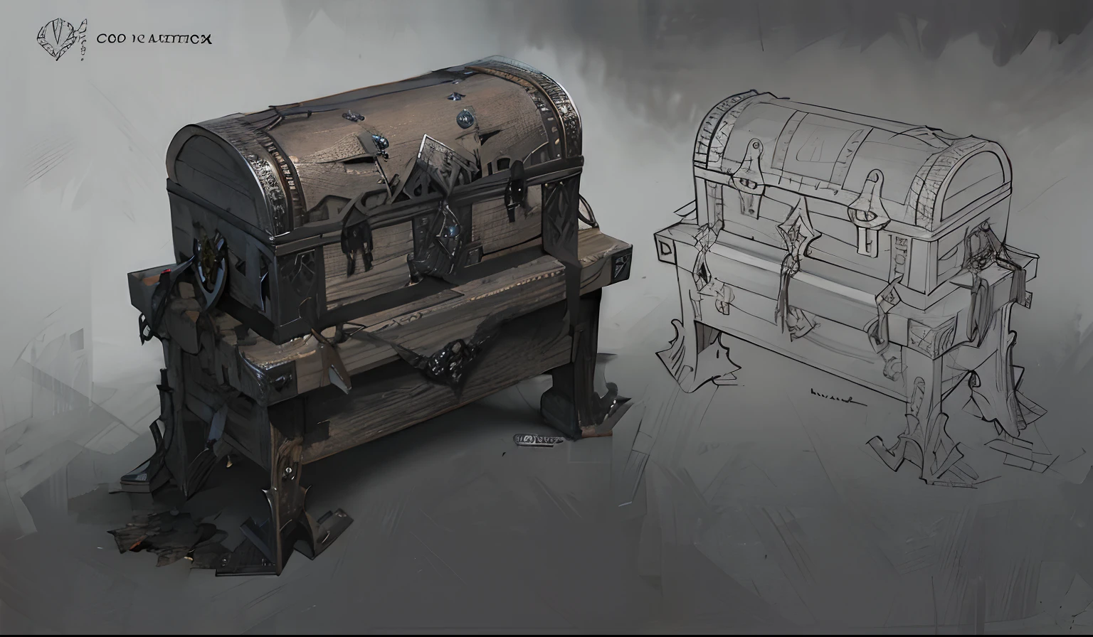 Sketch of a box and a wooden box, object concept art, chest, ultra detailed concept art, highly realistic concept art, highly detailed concept art, detailed conceptual drawing, artstation concept art, artstation concept, prop design, covering the chest, by senior environment artist, arte conceitual medieval, Small chest, Extremely detailed concept art, very detailed concept art