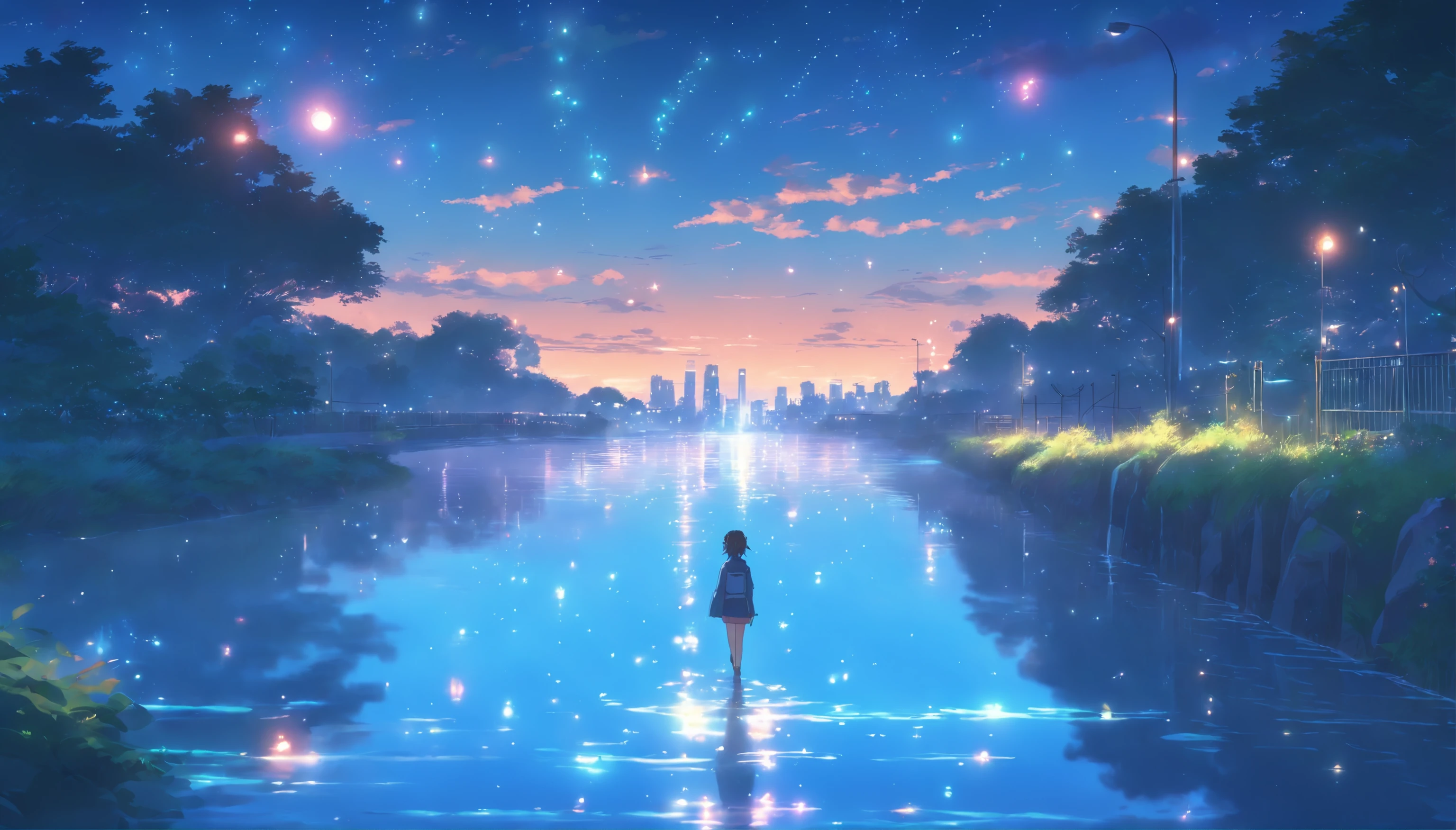 High quality masterpiece ,scenecy,An anime ager crossing the water of the campus, Glittering starry sky。Romantic campus,Pisif,concept-art,Laffy art style,Reflectors。 By Makoto Shinkai, Lofi art, beautiful anime scenes, Anime landscapes, Detailed scenery —width 672, in the style of makoto shinkai, Makoto Shinkai's style,Detail enhancement