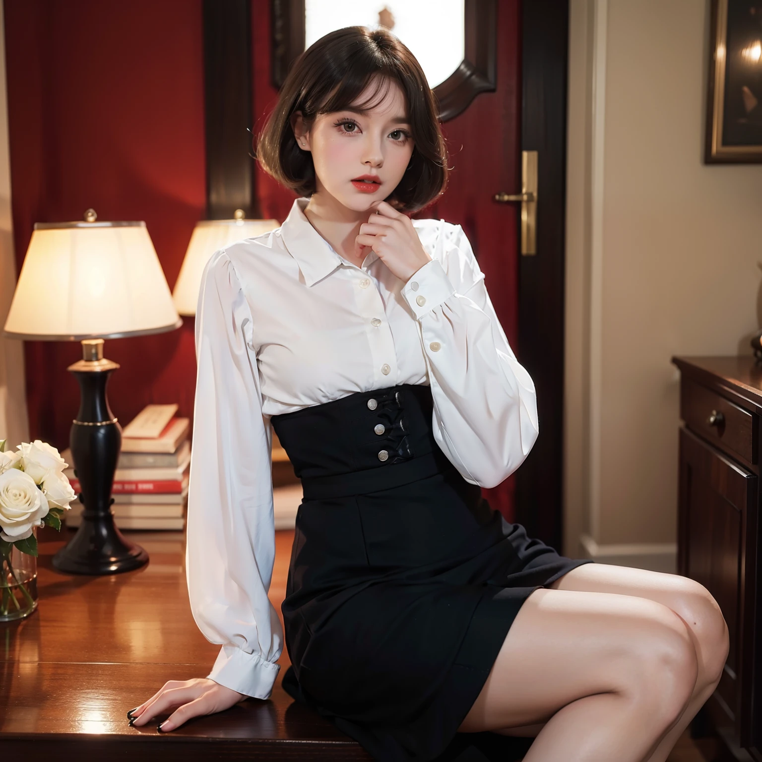 Mallory Malone's costume description is very detailed and、、、、、Features a unique and interesting style. In a white long-sleeved blouse of your choice、A fitted black knee-length skirt with red accents creates a striking visual contrast. The addition of a black heel with ankle strap is、Adds a classy touch to the look. Apart from clothes, Vintage 1950s Bob Hairstyles、Adds a retro and timeless element to Mallory Malone's style. This type of hairstyle is、Known for its neat and short appearance, Typically、Jaw length with both ends turned inward. This hairstyle selection is、Add a vintage touch to the look、Complements Mallory's overall style. Makeup also plays an important role in the appearance of Mallory Malone. Although there are no specific details about makeup mentioned in the description, It is possible to imagine that she may be rocking a 1950s-inspired look.