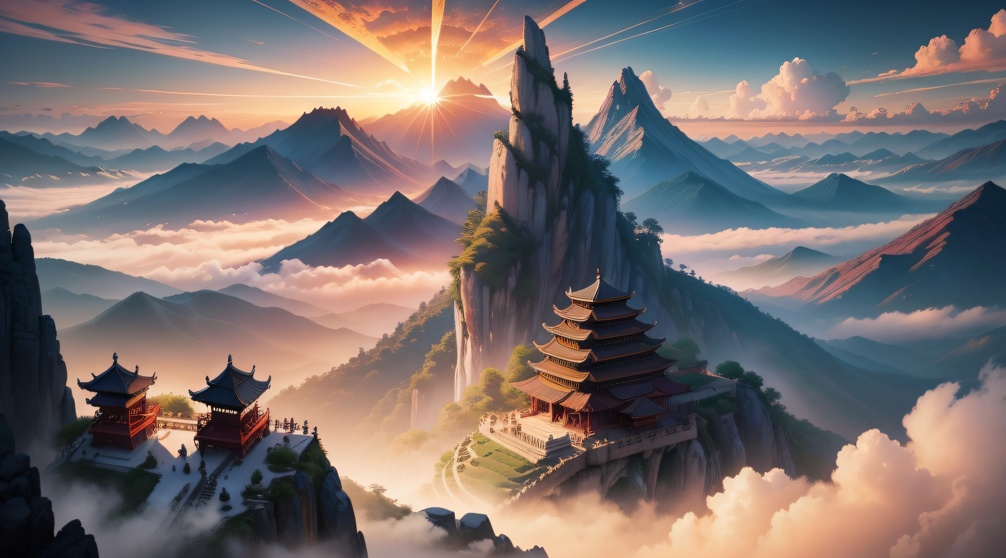 （tmasterpiece，best qualtiy：1.2），ultra - detailed，cinmatic lighting，hdr，illustratio，Ancient Chinese landscape，autumnal，setting sun，evening light，A bird flies in the air，Yangtze River，An ancient Chinese tower is located by the river，Impressive，Warmth，Inspirational，