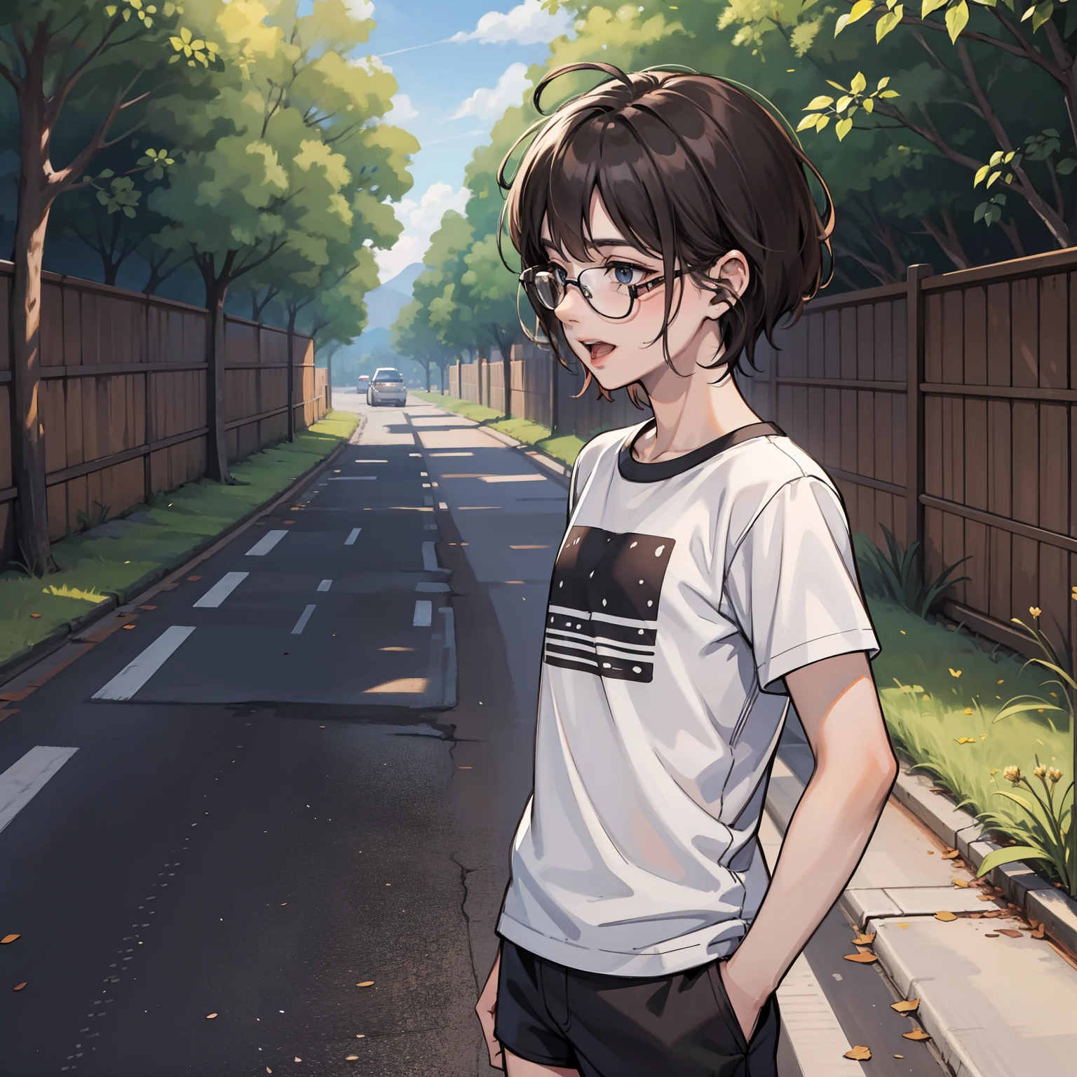 A young boy with，Wear short sleeves，wear short shorts，Stand on the street，Bad laughs，The background is next to a country road，4K，A high resolution