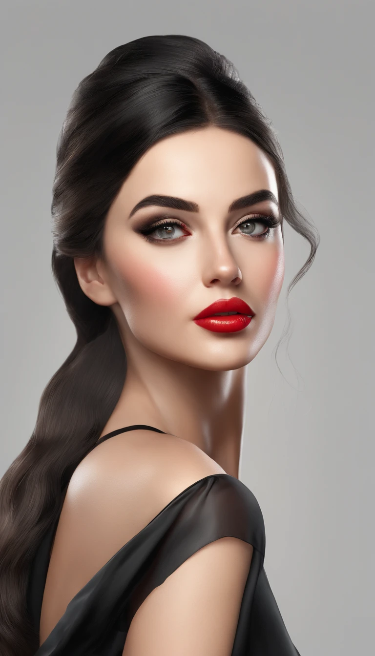 (Best Quality,highres:1.2),A highly detailed,(Realistic,Realistic Photos,Realistic Photos:1.37),whitebackground, 1girl, Beautiful detailed black eyes, Beautiful black hair detailed, Highly detailed oily skin, black dress, Bright red lips