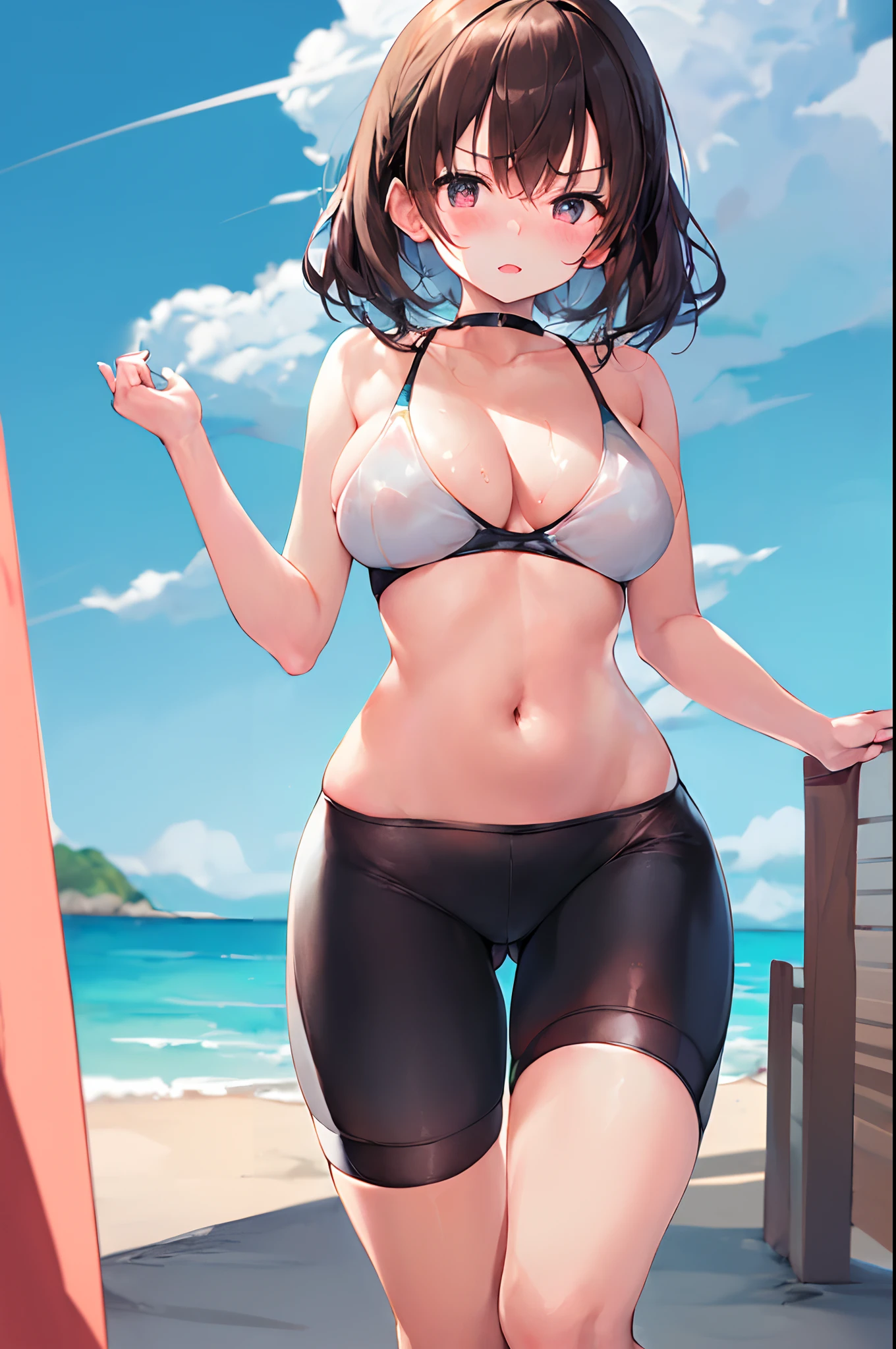 (Bike Shorts,:1.5) (masutepiece, Best Quality, 8K:1.2) masutepiece, Best Quality, 1girl in, (Bike Shorts,:1.3), toppless, blush, embarrassed, exhibitionism, Beach, ,NSFW,Beautiful,masutepiece,Cute Girl,Highly detailed and delicate,extremely fine and beautiful,beautiful and clear background, , Walking, hands on own breasts,Hina Dev,tomoko,1990's \(Style\),Poplar Tanegashima,1girl in,Shirokodev,Hifumi(Swimsuit),Komeiji Satori,Hina Swim