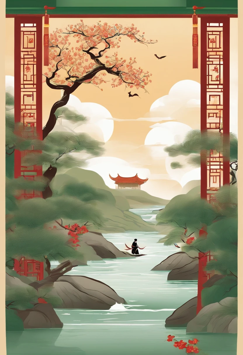 Chinese tradition,Clear solar terms,Mainly green,A rides a bull,There are swallows,There is a small river,Illustration style,Yang rises、Temperatures are warming up、