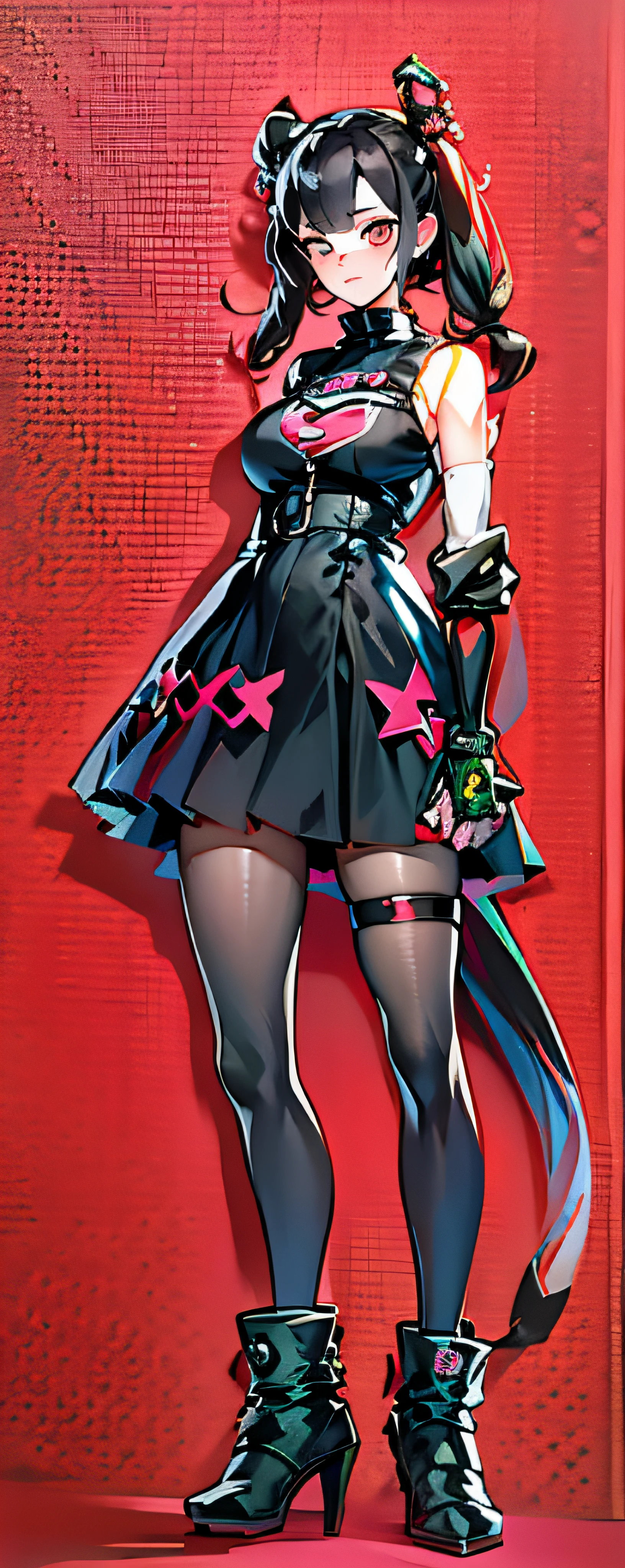 1girl, horns, solo, tail, gloves, dress, fingerless gloves, high heels, black footwear, demon tail, braid, white background, black gloves, simple background, brown hair, boots, black dress, twin braids, demon horns, thigh strap, sketch, standing, high heel boots, belt, bare shoulders, closed mouth, full body, sleeveless,impasto,painting,photorealistic,realistic
