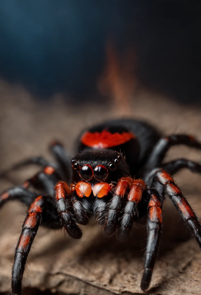 Spider-like, A large black spider with red stripes on its abdomen. Around it are some fire