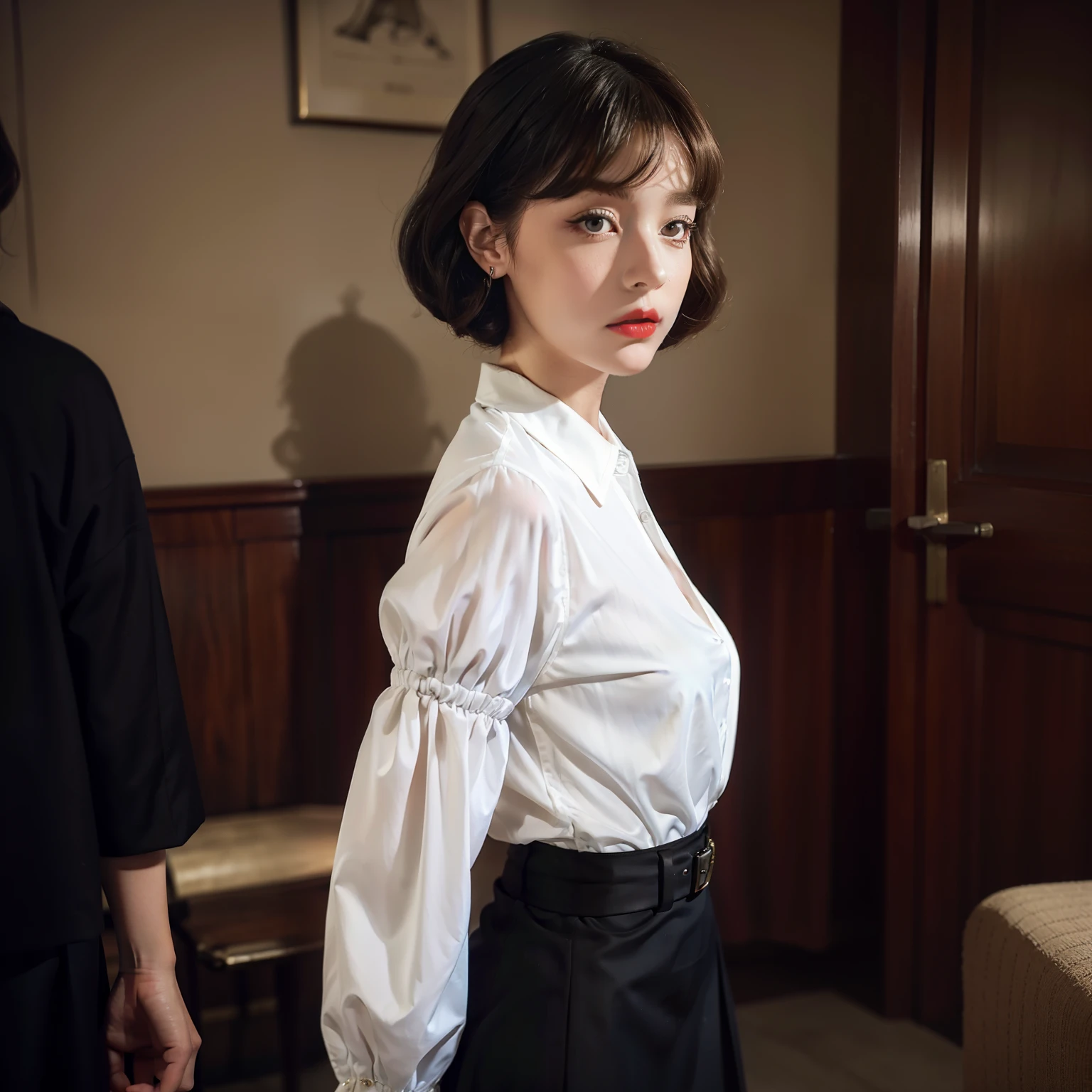 Mallory Malone's costume description is very detailed and、、、、、Features a unique and interesting style. In a white long-sleeved blouse of your choice、A fitted black knee-length skirt with red accents creates a striking visual contrast. The addition of a black heel with ankle strap is、Adds a classy touch to the look. Apart from clothes, Vintage 1950s Bob Hairstyles、Adds a retro and timeless element to Mallory Malone's style. This type of hairstyle is、Known for its neat and short appearance, Typically、Jaw length with both ends turned inward. This hairstyle selection is、Add a vintage touch to the look、Complements Mallory's overall style. Makeup also plays an important role in the appearance of Mallory Malone. Although there are no specific details about makeup mentioned in the description, It is possible to imagine that she may be rocking a 1950s-inspired look.