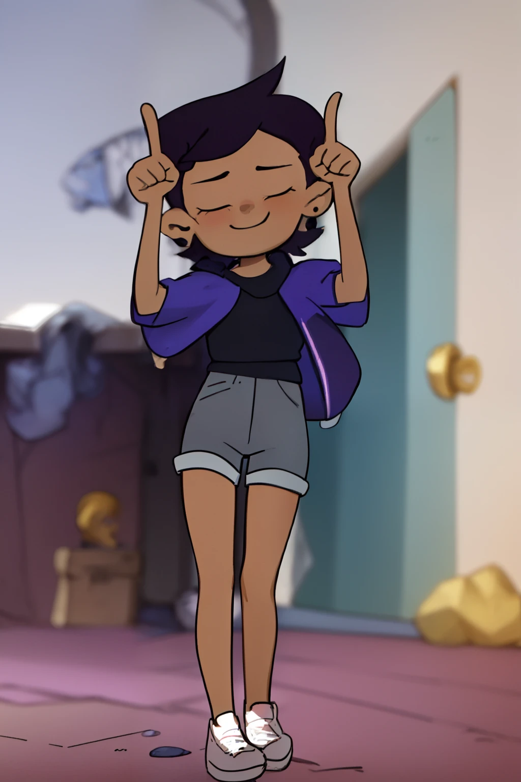 LuzS1, 1girl, short brown hair, brown eyes, dark skin, blue and white shirt with hoodie, jeans shorts, black leggings, white shoes, short sleeves, perfect anatomy, solo, internet yamero, smile, open mouth, finger raised, ^ ^, closed eyes, simple background