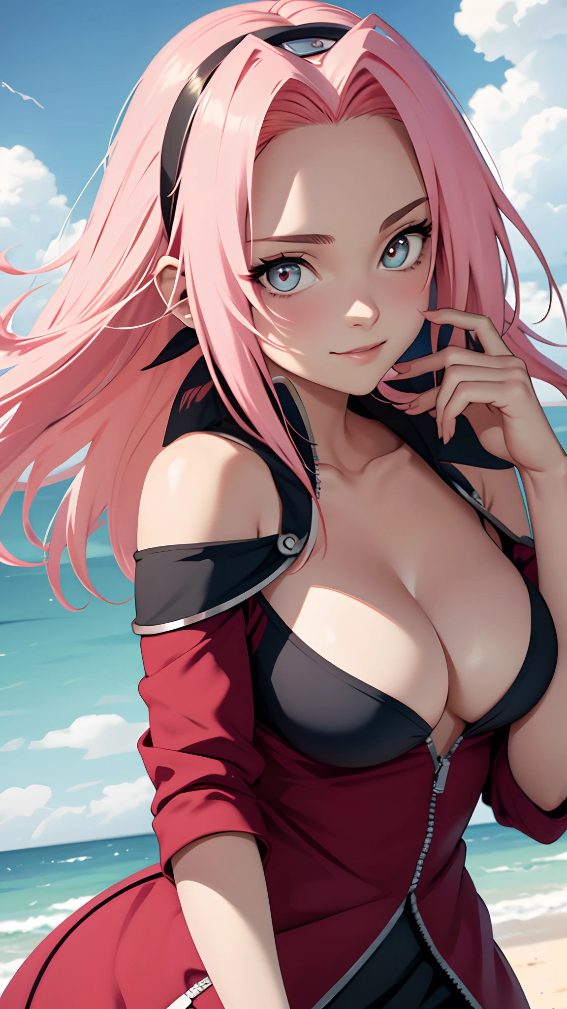 tmasterpiece, Best quality at best, 1girll,solo, Sakura Haruno, Large breasts,Off-the-shoulder attire,(cleavage),(upperbody closeup),Raised sexy,is shy,with pink hair, long whitr hair, (greene eyes:1.3), Forehead protection, ssmile, blue-sky, Clouds, Hidden village,barechested