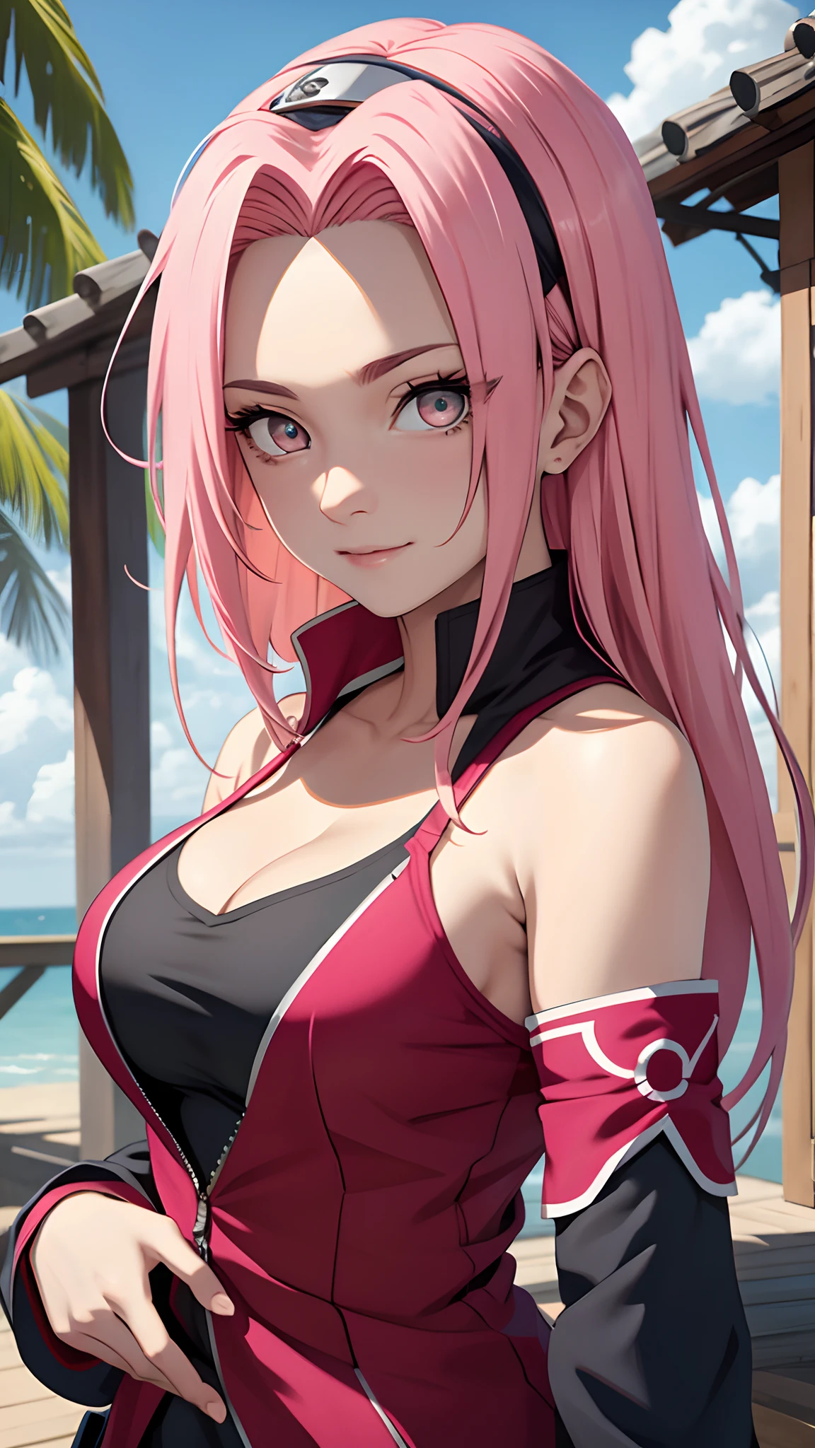 tmasterpiece, Best quality at best, 1girll,solo, Sakura Haruno, Large breasts,Off-the-shoulder attire,(cleavage),(upperbody closeup),Raised sexy,is shy,with pink hair, long whitr hair, (greene eyes:1.3), Forehead protection, ssmile, blue-sky, Clouds, Hidden village,barechested
