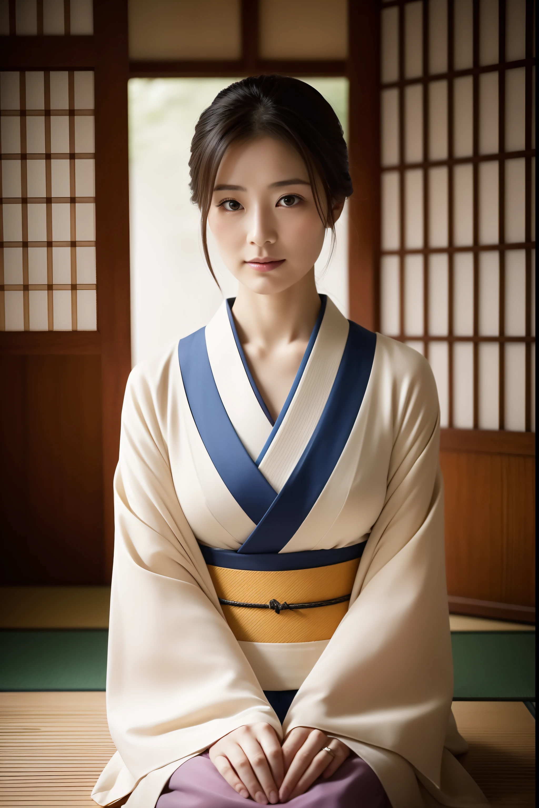 Wearing a kimono、Real Japan woman in the temple, beautiful japanese female, beautiful japanese female, goddess of Japan, Beautiful Japan Female Face、Tie up your hair、Inserting kanzashi、A MILF、Sexy Japan woman、Looking at the camera、Look into the eyes、facing front、face forwards、rain is falling、Beautiful collarbone、beautidful eyes、A 40-year-old woman、Sit down and brew tea