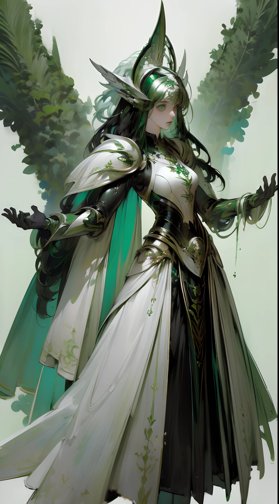 (Black and green color scheme:1.4)(1womanl:1.4)，long whitr hair，(White armor:1.4)，(frontage:1.4)，(left right symmetry:1.4)(Black color hair:1.4)