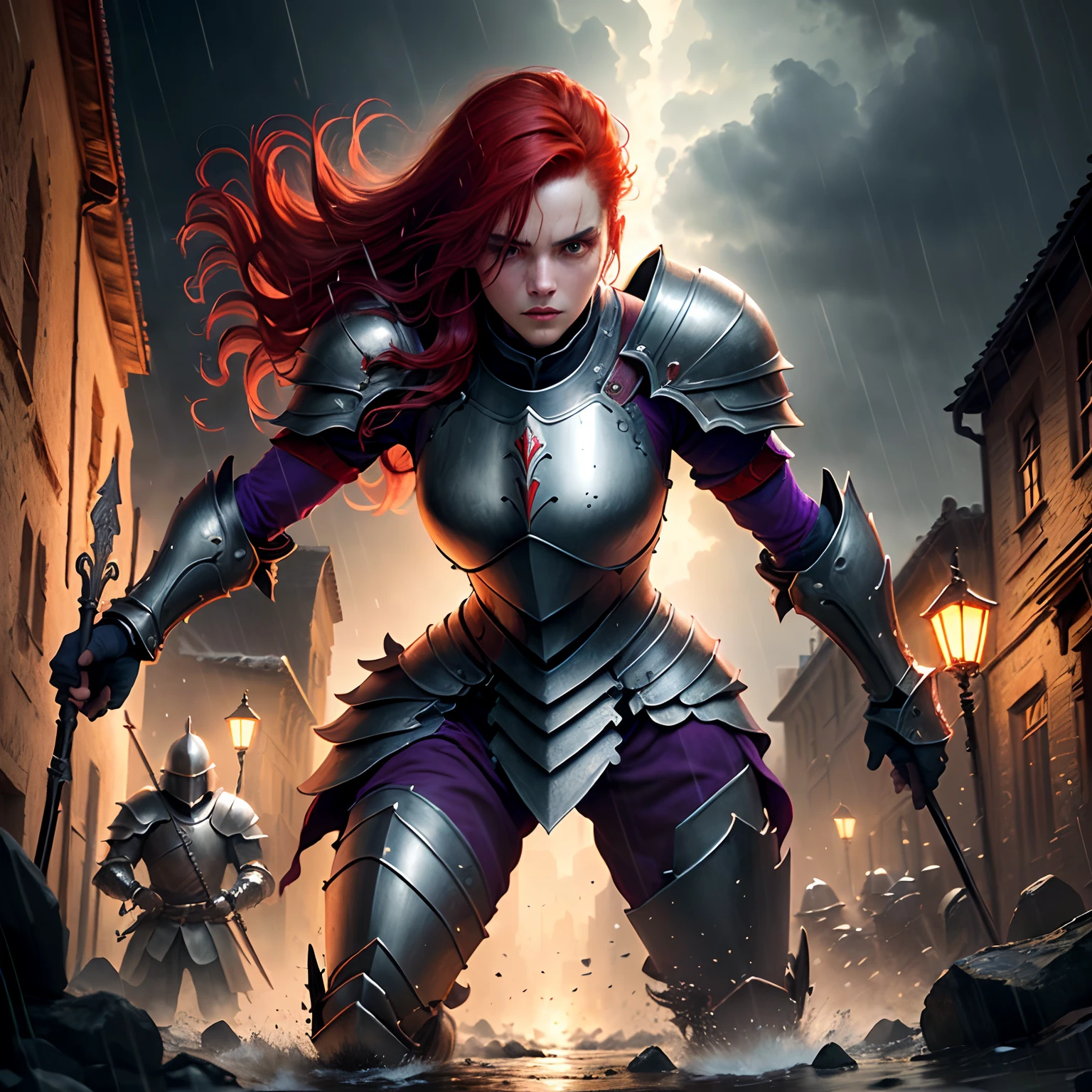 Red hair, Purple armor, Light-bearing warriors, Medieval city, Dark, battle, Epic, War, surrealism, 8K, Super detail, War, Battles with demons, Darkness, Horror, rain