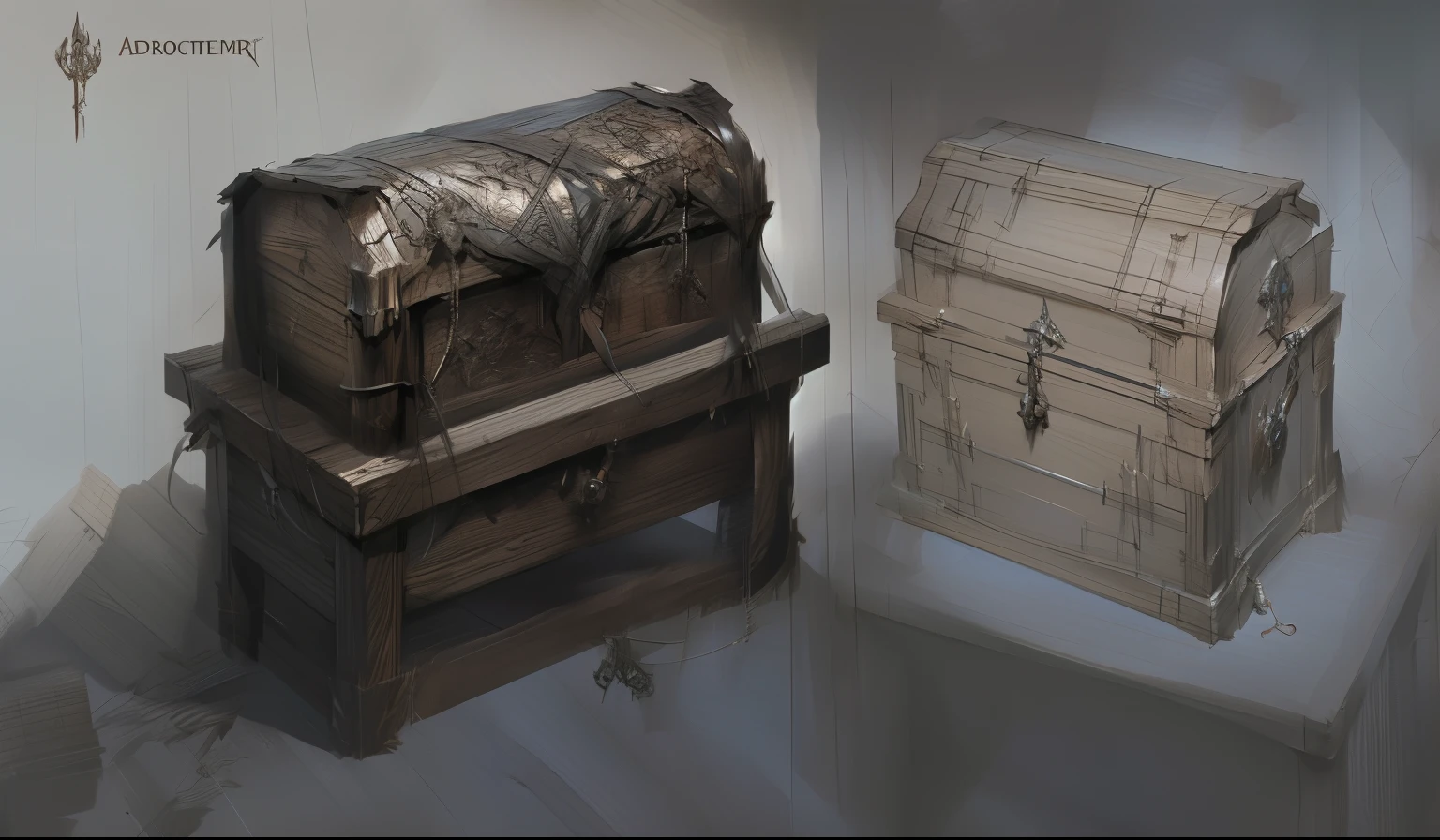 Sketch of a box and a wooden box, object concept art, chest, ultra detailed concept art, highly realistic concept art, highly detailed concept art, detailed conceptual drawing, artstation concept art, artstation concept, prop design, covering the chest, by senior environment artist, arte conceitual medieval, Small chest, Extremely detailed concept art, very detailed concept art