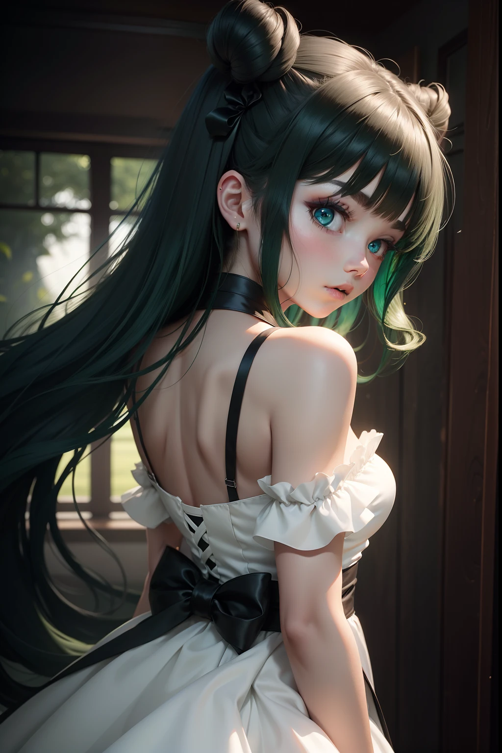 Pure, Dark green hair, double tails, arms back behind, White dress, black sash, A girl,Blue eyes,