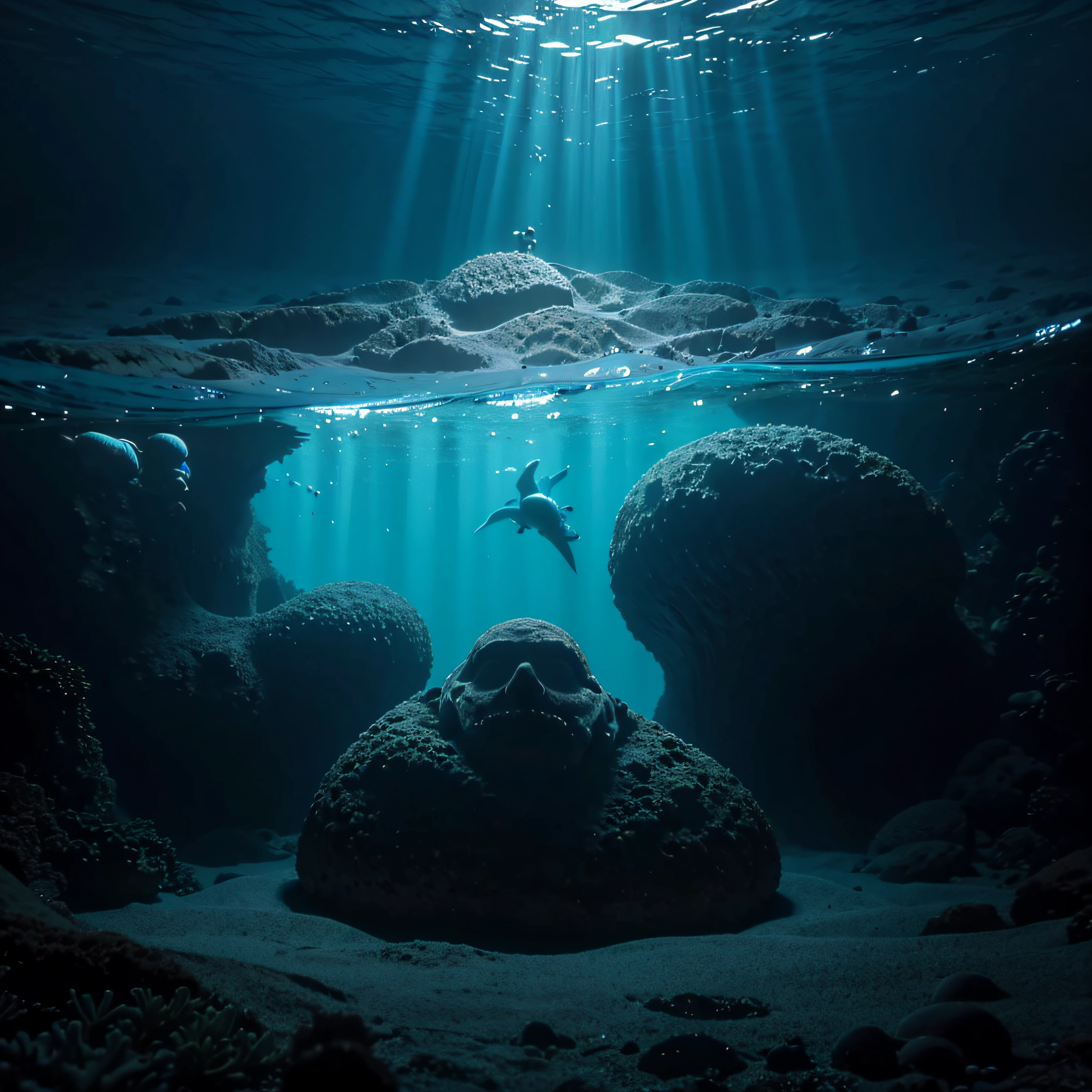 (extremadamente detallado, obra maestra, La mejor calidad, Under the Ocean), Estilo oscuro, volumetric illumination. textura de babosa, piel de caracol. manchas de tinta. Rococo composition.