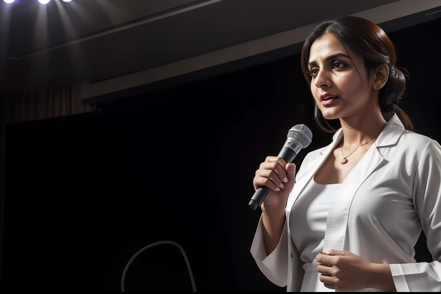A female doctor standing on a stage, wearing white lab coat and salwar kameez, cleavage visible, holding a mic, projector screen behind, top lighting, depth of field, hdr, 4k, 8k, realistic, very detailed, wide shot, low angle view