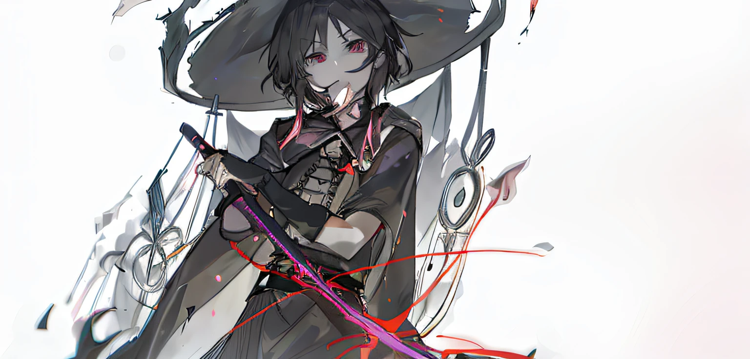 Anime characters wearing big hats and swords in black clothing, zerochan art, gapmoe Yandere grimdark, gapmoe Yandere, zerochan, black-haired mage, author:Shitao, Yandere, author:Ei-Q, inspirado em Okumura Masanobu, half invoker half megumin, from touhou