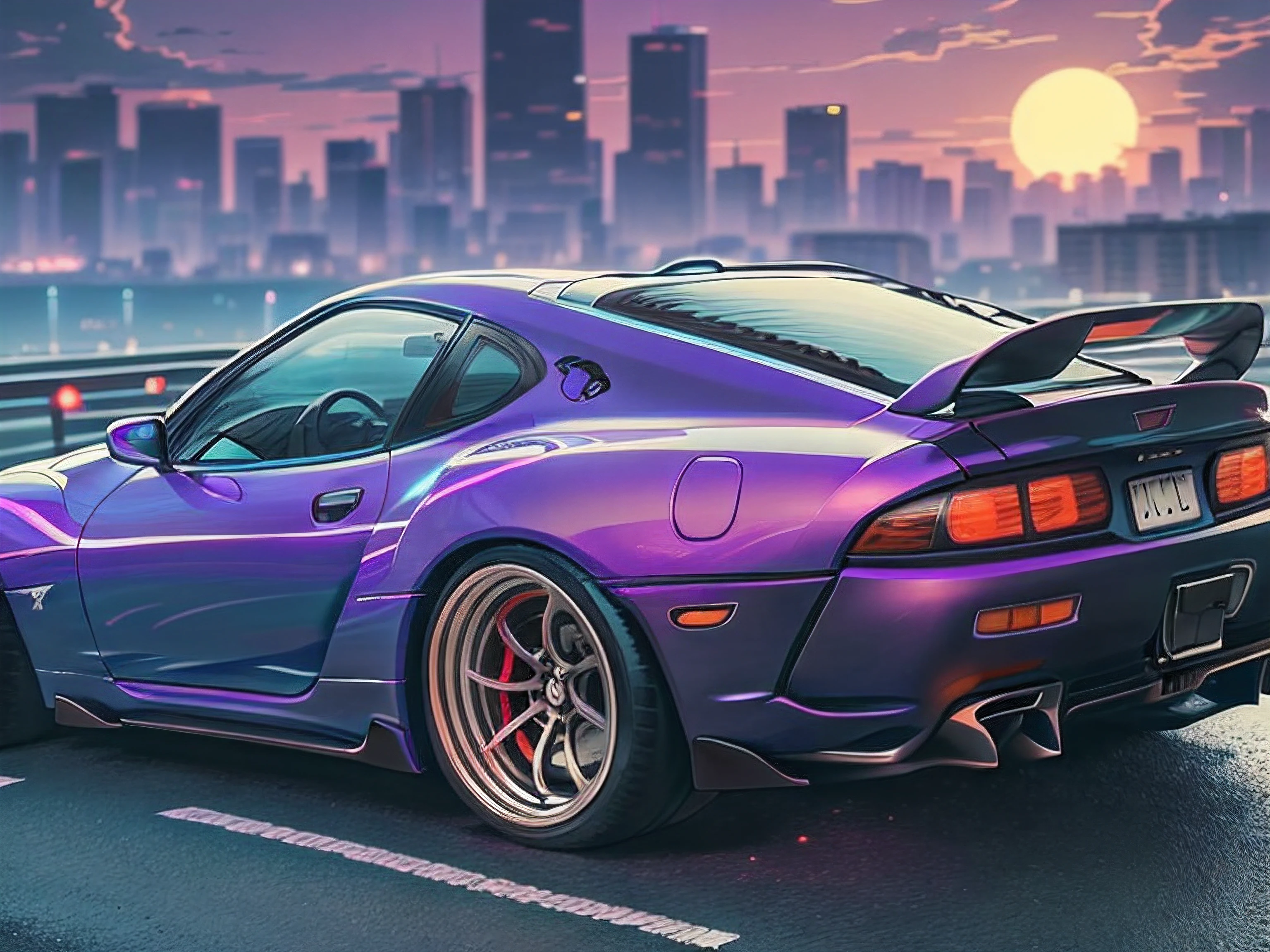 Reverse wave. City, Toyota Supra MK4, wide-body kit, road, purple neon, sun, close-up
(masterpiece, detailed, high resolution),1girl posing, sexy micro shorts, look t-shirt, extremely beautiful and sexy